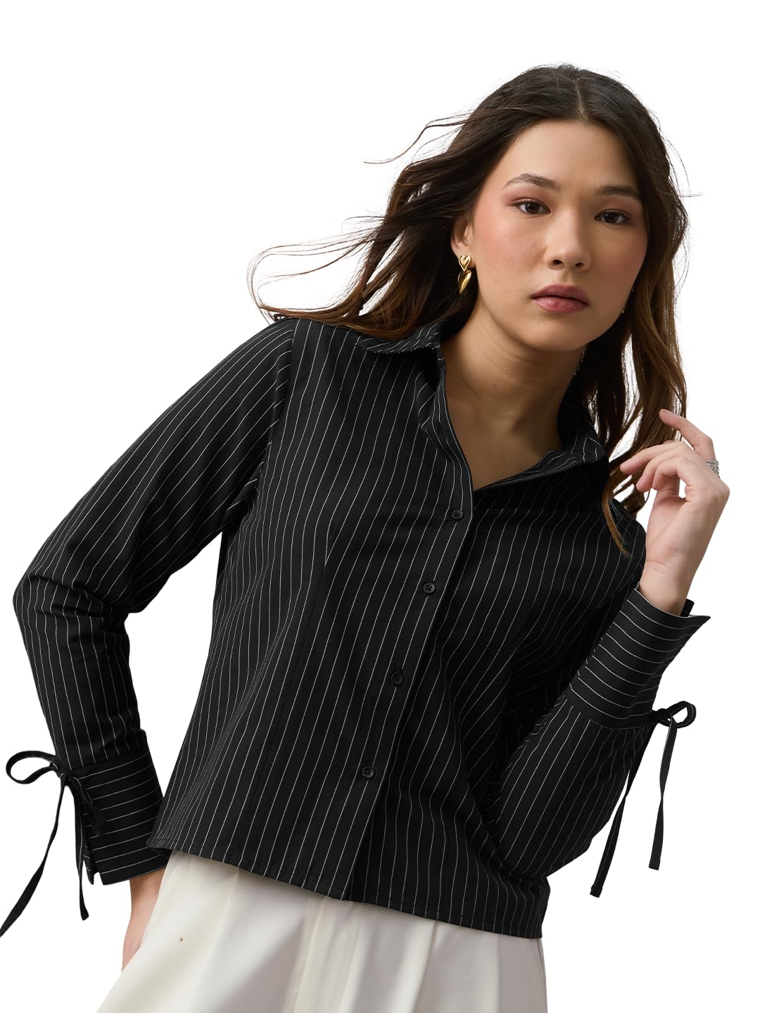 the souled store Stripe Shirt: Bristol Women and Girls Full Length Regular Sleeves Spread Collar Black White Striped Cotton Poly Blend Regular Fit Everyday Casual Shirt-picture-39