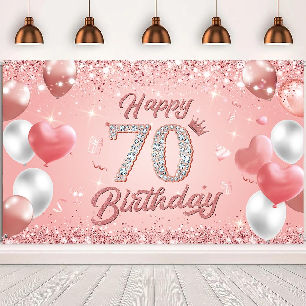 Happy 70th Birthday Banner Rose Gold 1.1 x 1.8m Happy Birthday Banner Backdrop 70th birthday Decorations for Girls Women, 70 Years Old Anniversary Party Supplies