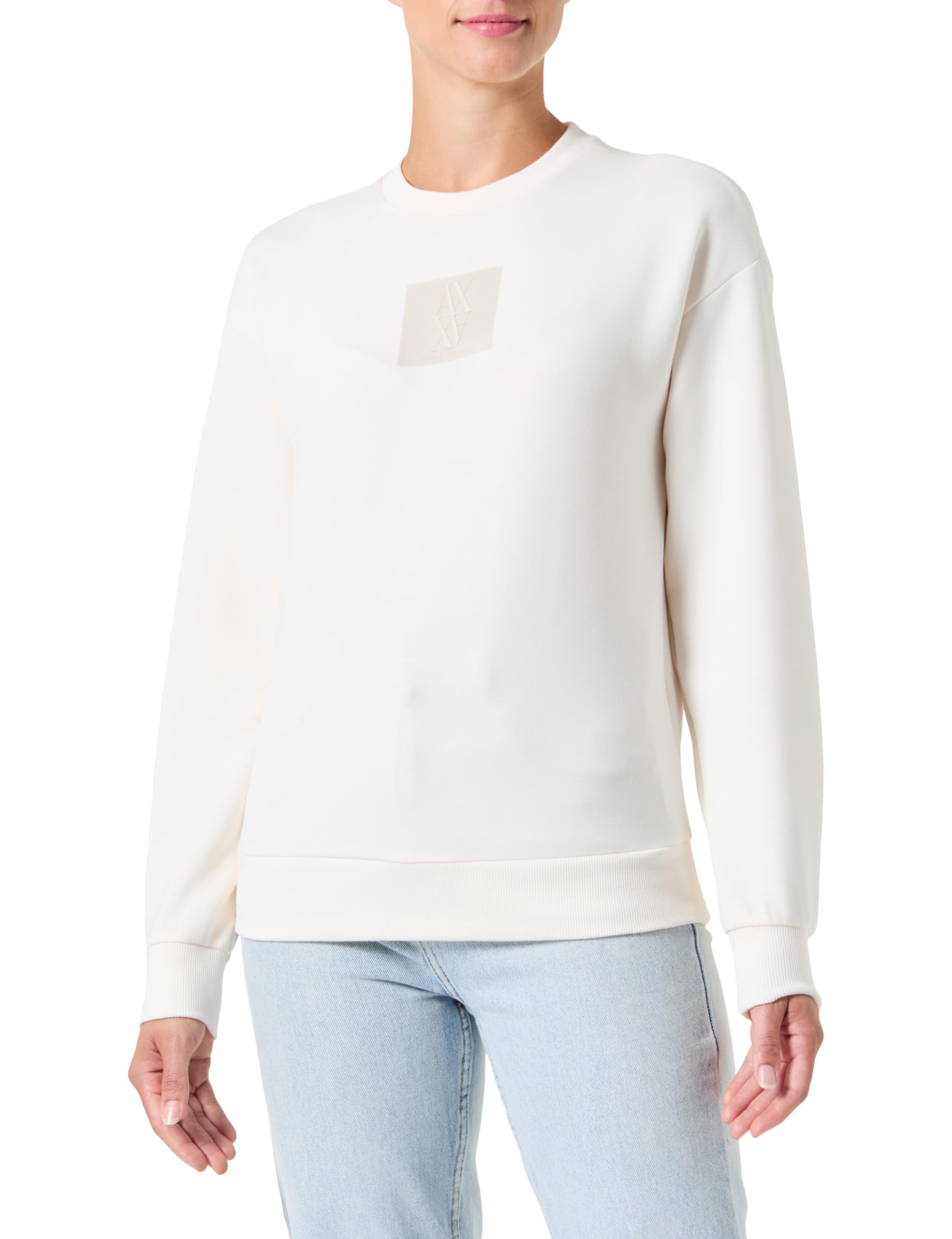 Armani Exchange Women's Square Logo, Round Neck Sweatshirt White,XS