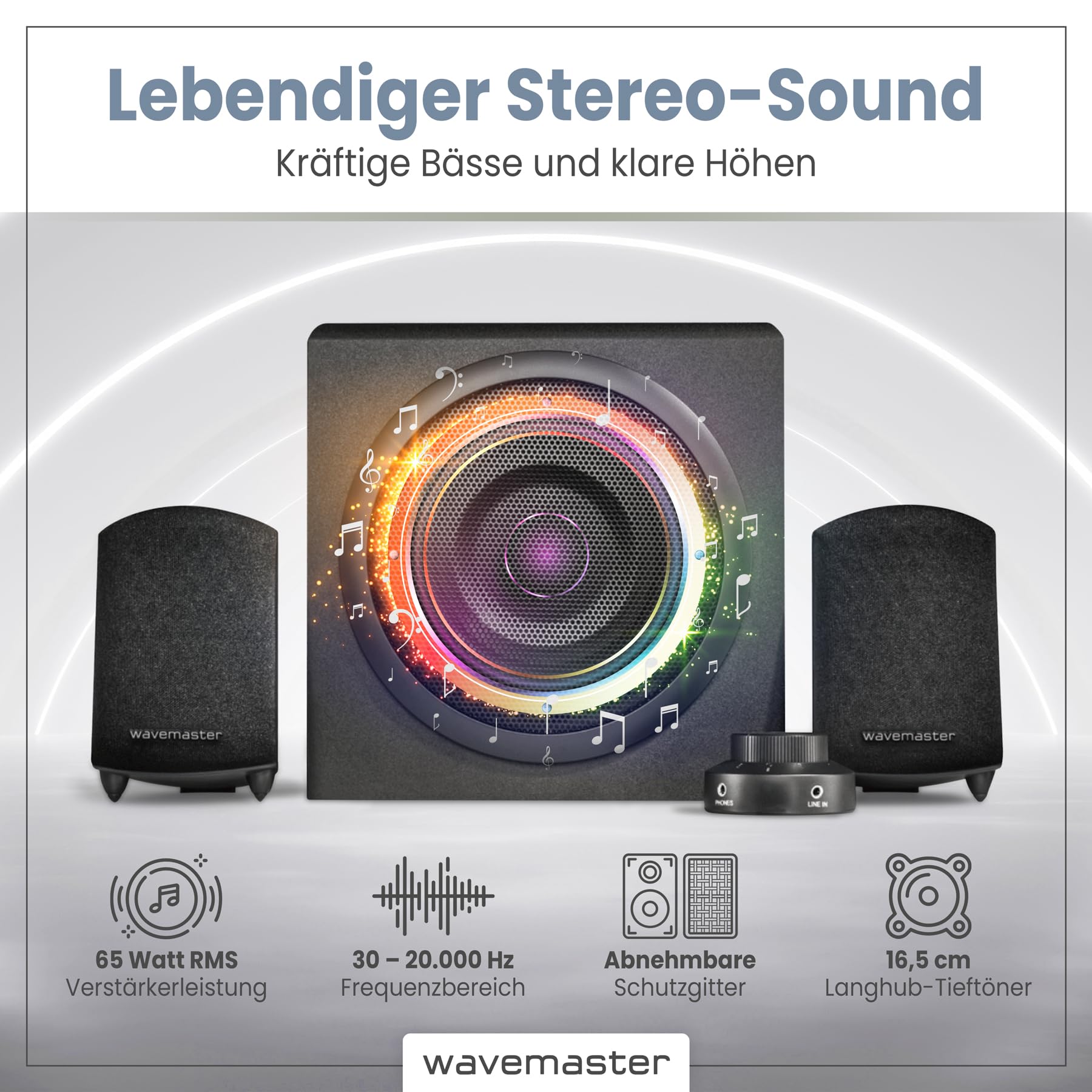 Wavemaster MOODY 2.1 Lautsprecher System (65 Watt) Aktiv-Boxen Nutzung für TV/Tablet/Smartphone/PC schwarz (66202)
