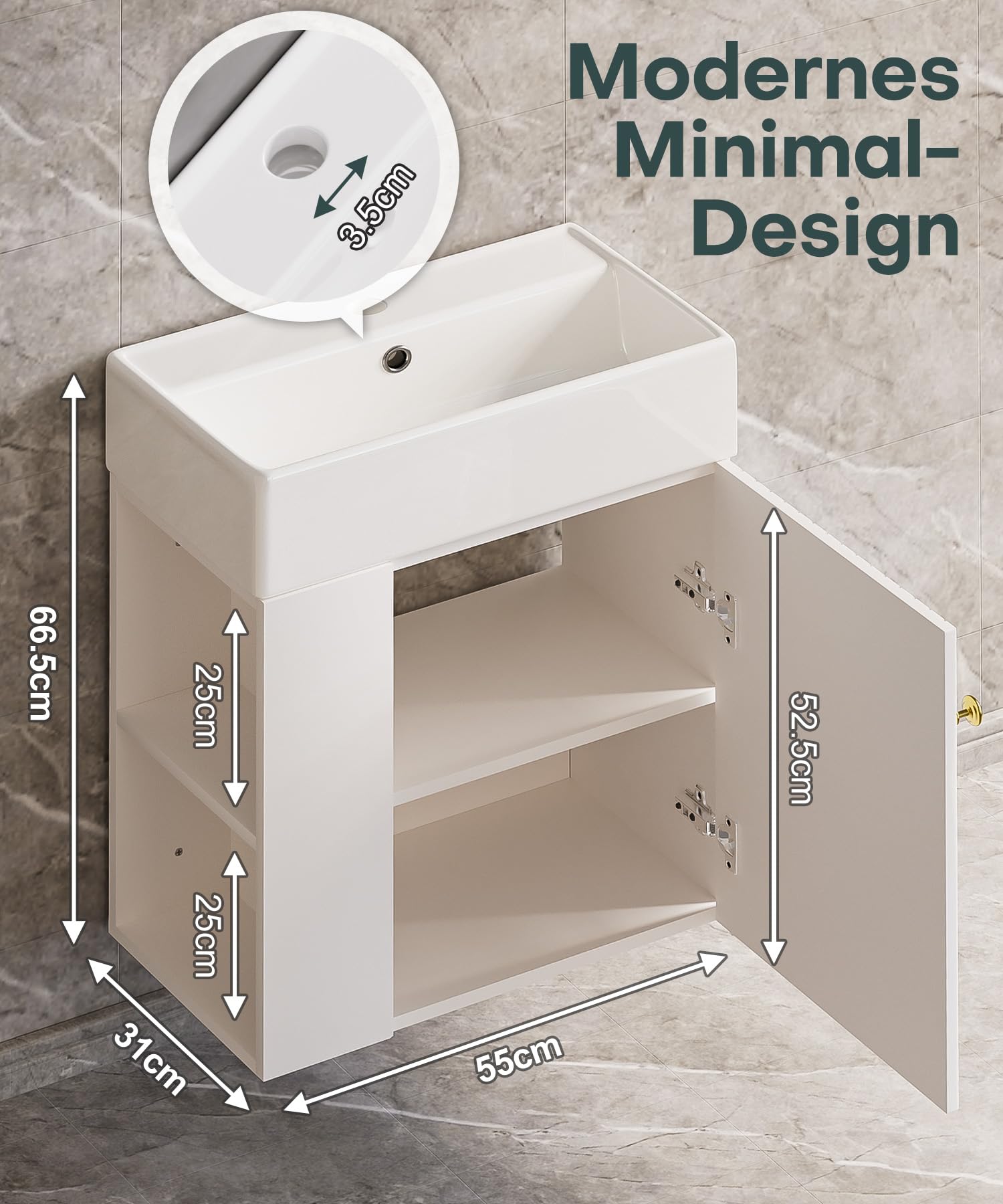 Yorbay Waschbecken mit Unterschrank 55 cm: Wandmontage Badezimmerschrank mit Keramik Waschtisch für Kleine Bäder - Modern Hängend Badmöbel Set für Gäste WC (Weiß)