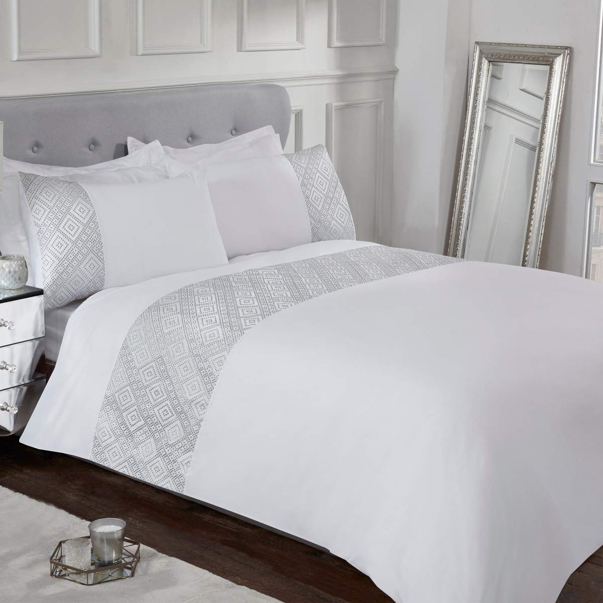 Sleepdown White 3D Geometric Duvet Cover With Pillowcase Luxury Lurex Jacquard Cuff Panel Band Soft Easy Care Polycotton Duvet Single (135Cm X 200Cm) 135Cm