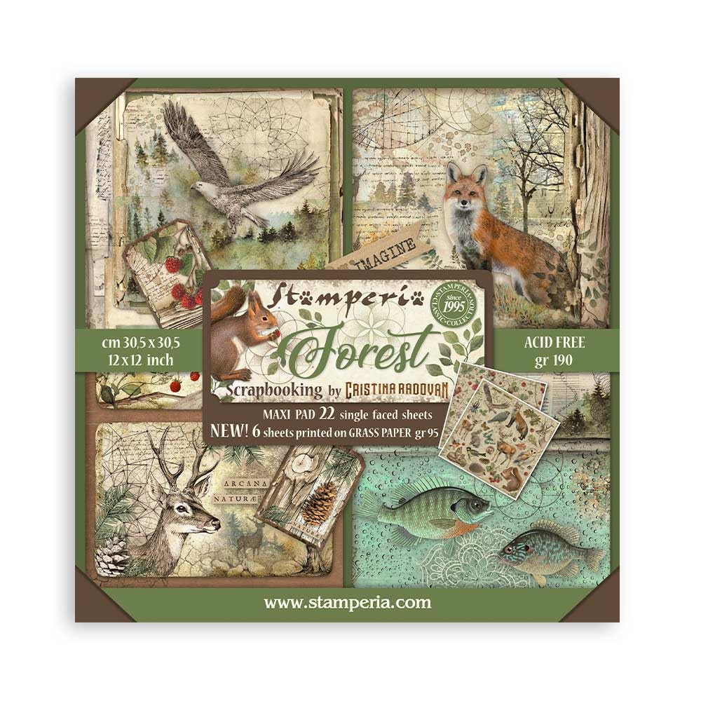 Stamperia - Scrapbook Paper Pad for Scrapbooking, Albums, Card Making, Bullet Journalling and More, Acid Free, Single Face, Perfect for Hobbies, Crafts, Gifting (Forest) (30,​5 x 30,​5 cm)