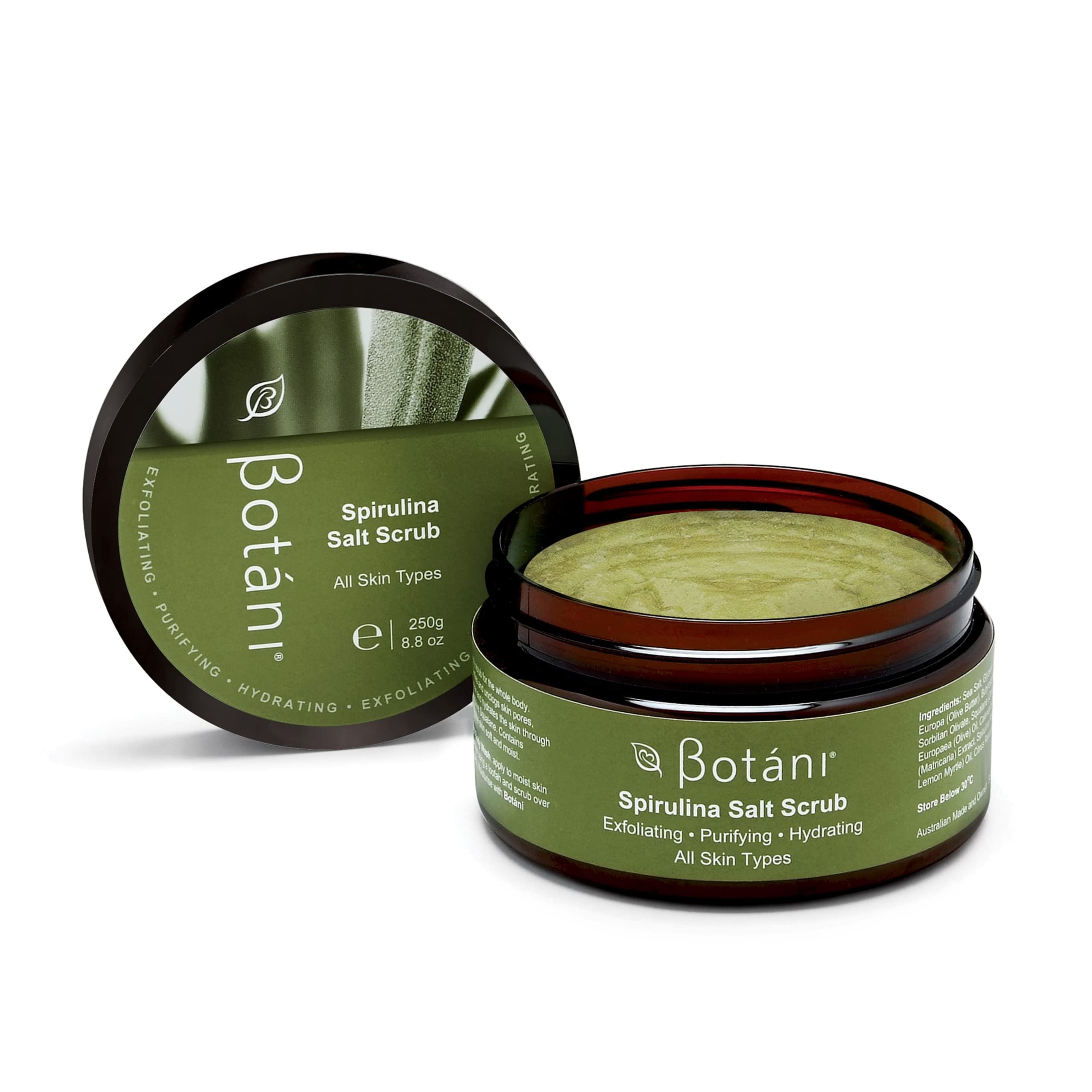 Botani Australia SPIRULINA SALT SCRUB Australian Sea Salt & Lemon Myrtle Natural body & foot scrub and skin beautifier.