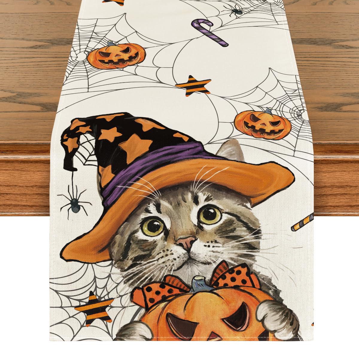 Chemin De Table Halloween Artoid Mode - Motif Chat Noir Et Citrouilles, 40 X 140 Cm, Polyester Lavable
