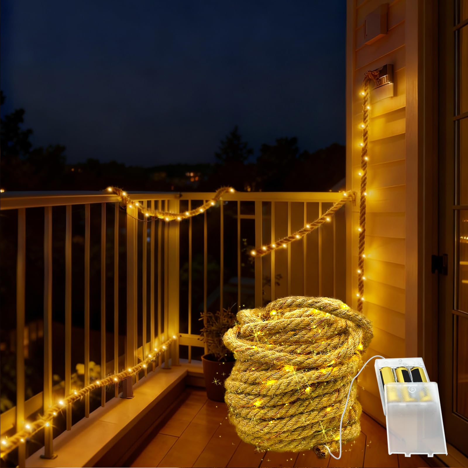 MEDOYOH 5M Seil Lichterkette Innenbereich von 100 LED, Hanfseil Lichterkette Batterie Seil Licht Wasserdicht für Garten Terrasse Balkon Schaukel Trunk Dekor