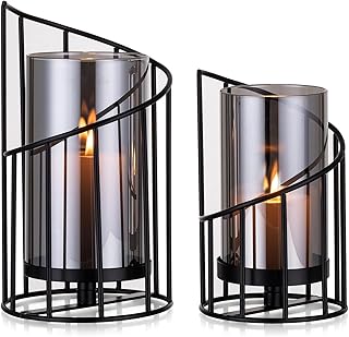 Romadedi Lantern Glass Candle Holder Candle Holder: Black Glass Cylinder with Metal Base for Candles Pillar Candles Tea Light Lantern Outdoor for Table Decoration Living Room Garden Decoration