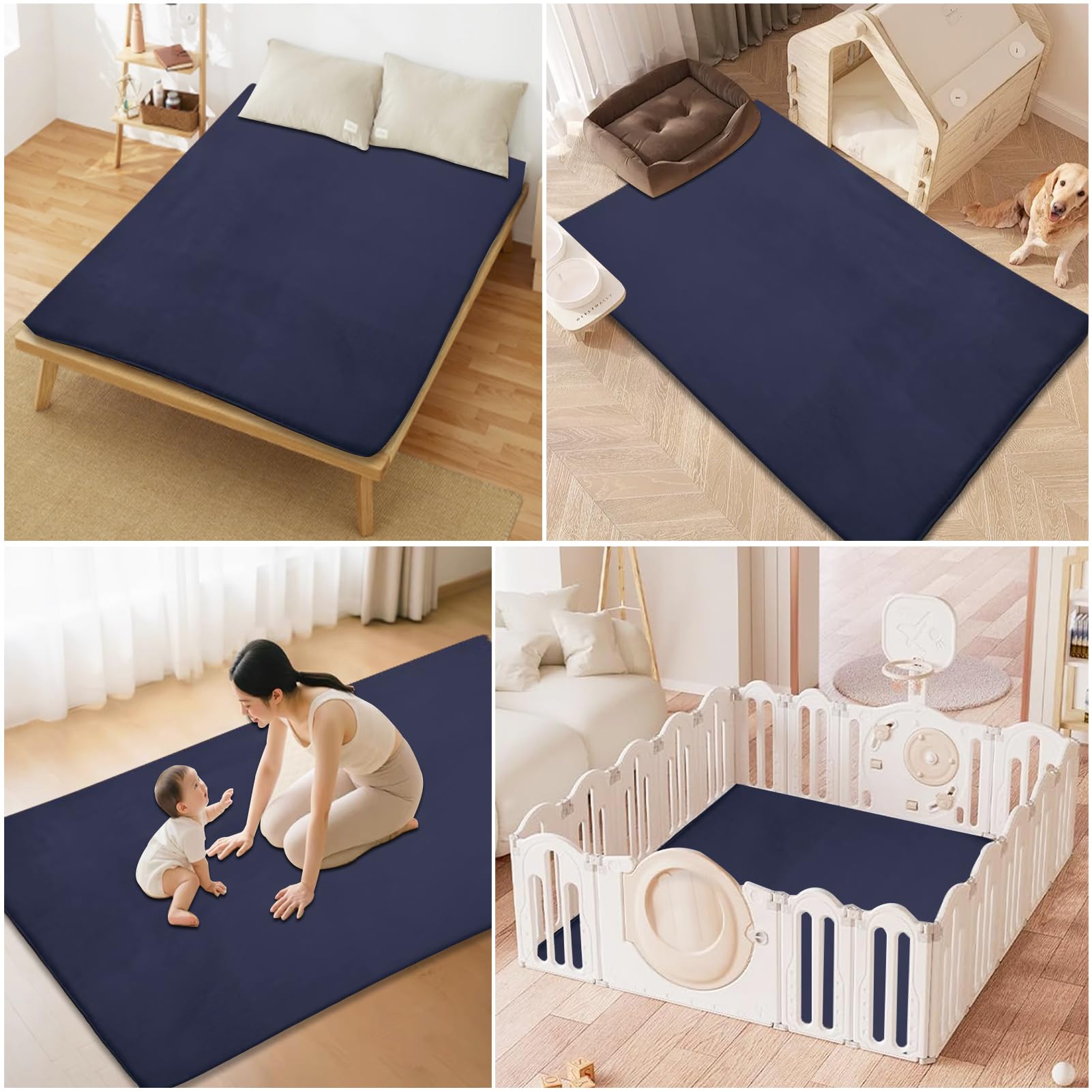 Tapis d'éveil et de Jeux Bebe Epais de 2cm Antidérapante pour Le Tapis pour Chambre d'enfant en Velours Corail Tatami Tapis Chambre Bebe, Tapis Rampant pour Tapis Pliable 150 x 220 cm Bleu Foncé