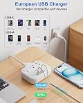 Adaptateur de prise de voyage européenne, US à l'adaptateur de prise européen avec 3 Débarquements américains & 4 USB, 3ft Cord d'alimentation européen, bande de transport international, type C pour l'Europe EU Allemagne France, Voyage, Blanc