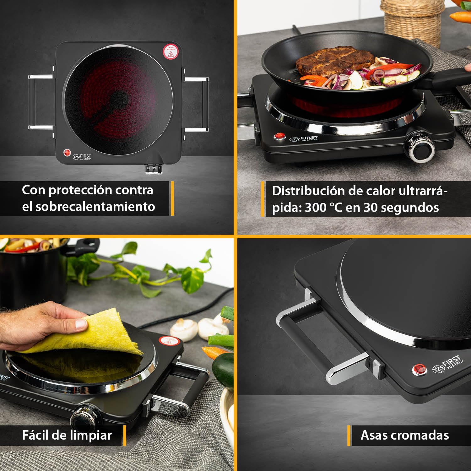 TZS First Austria placa vitrocerámica de infrarrojos, placa de cocina individual 22 cm | Compatible con todo tipo de ollas | Calentamiento rápido, regulación continua, luz indicadora