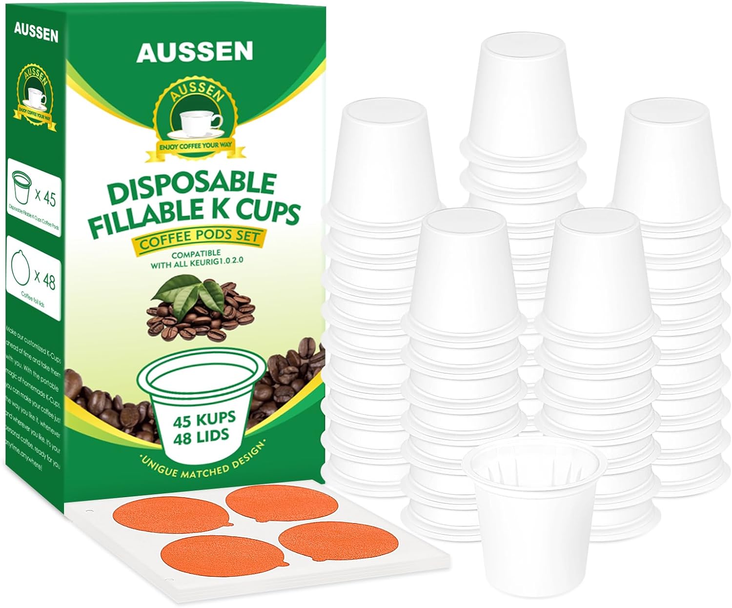45 Count Disposable Fillable Empty K Cups Coffee Pods Set,Make Your Own K Cup Coffee Pods, Aluminum Foil Seals Lids Kit Compatible with All Keurig Coffee Brewers 1.0 & 2.0