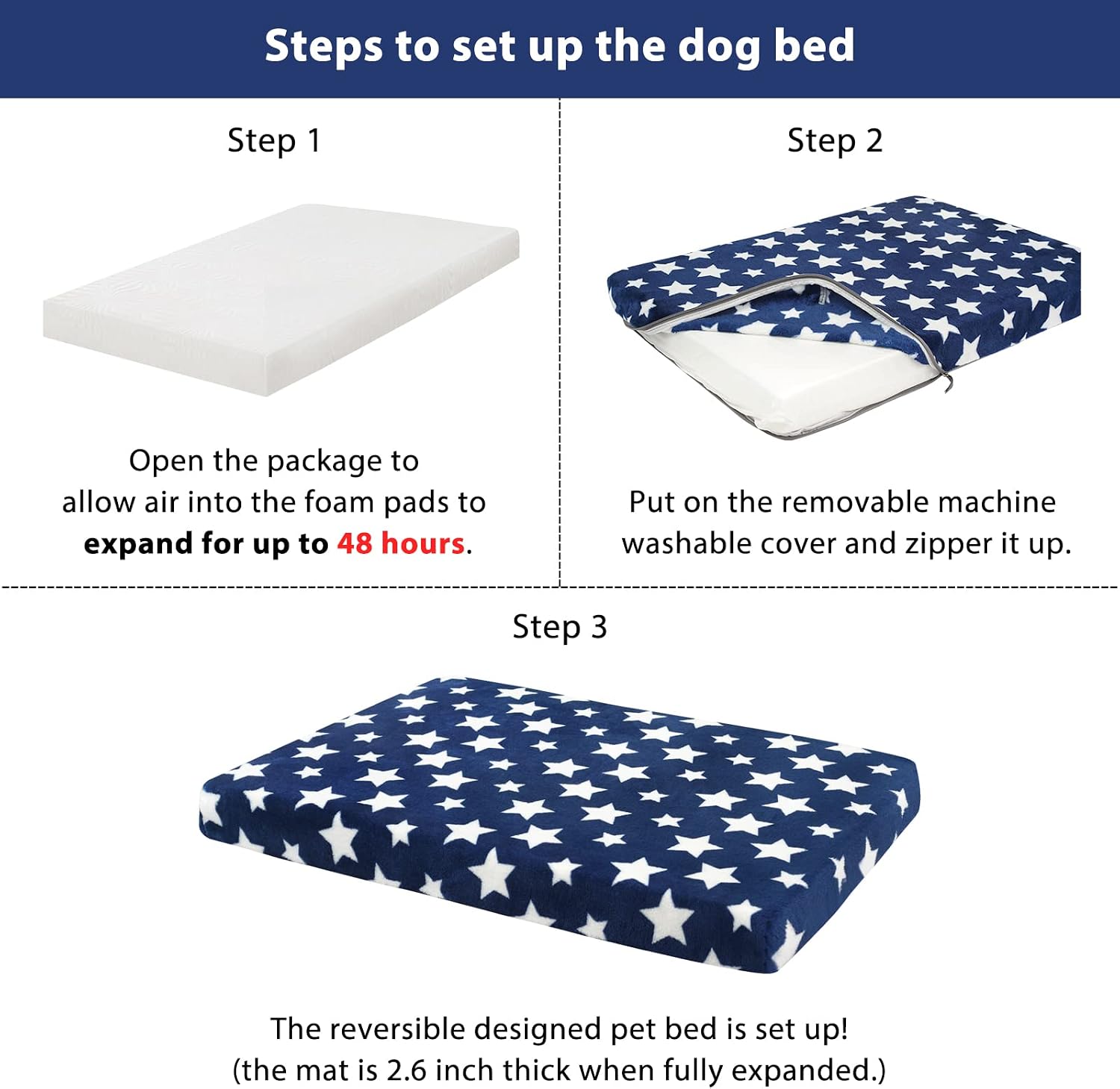 EMPSIGN Waterproof Dog Bed Crate Pad, Dog Bed Mat Reversible (Cool & Warm), Removable Washable Cover, Waterproof Liner & High Density Foam, Pet Bed Mattress for Small to XX-Large Dogs, Navy, Star