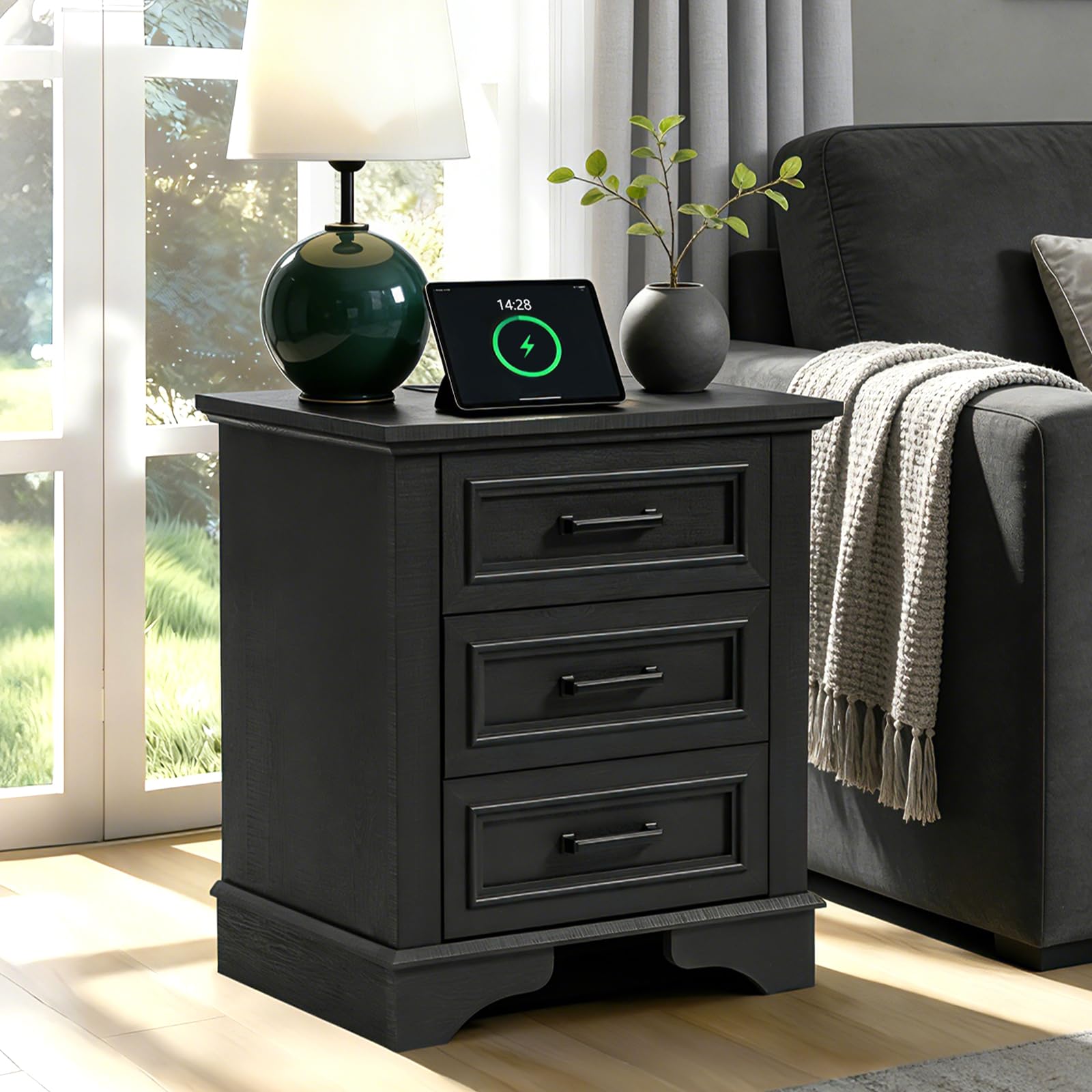22-Inch Wide Modern Nightstand with Charging Station, End Table with 3 Large Drawers, Simple Design Bedside Table for Bedroom and Office,Black(Single
