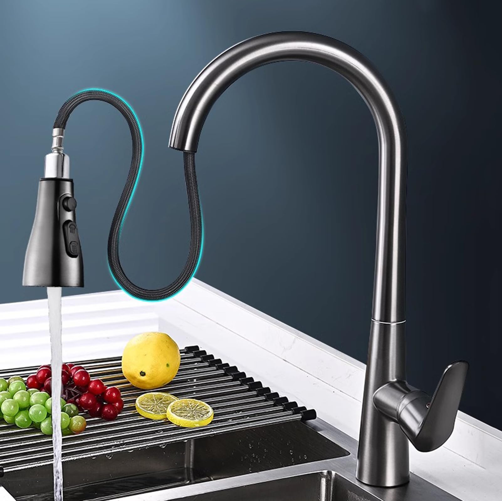 Grifo Cocina Extraible con 3 Modos, Todo Cobre, Agua Fría Y Caliente Giratorio A 360 Grados, Gris