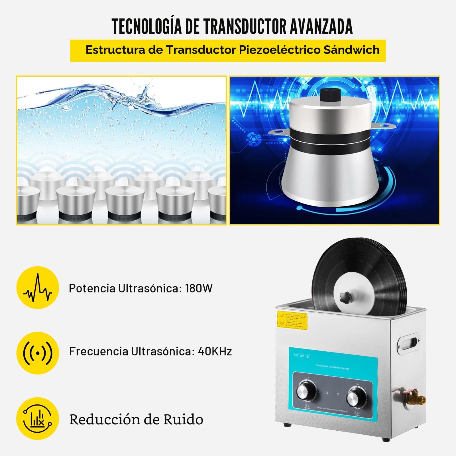 VEVOR Limpiador Ultrasónico, 6L Limpiador para Discos de Vinilo, con Cesta Limpiador Ultrasónico Profesional Temporizador y Calentador 40kHz 180W Limpiador Ultrasónico de Acero Inoxidable