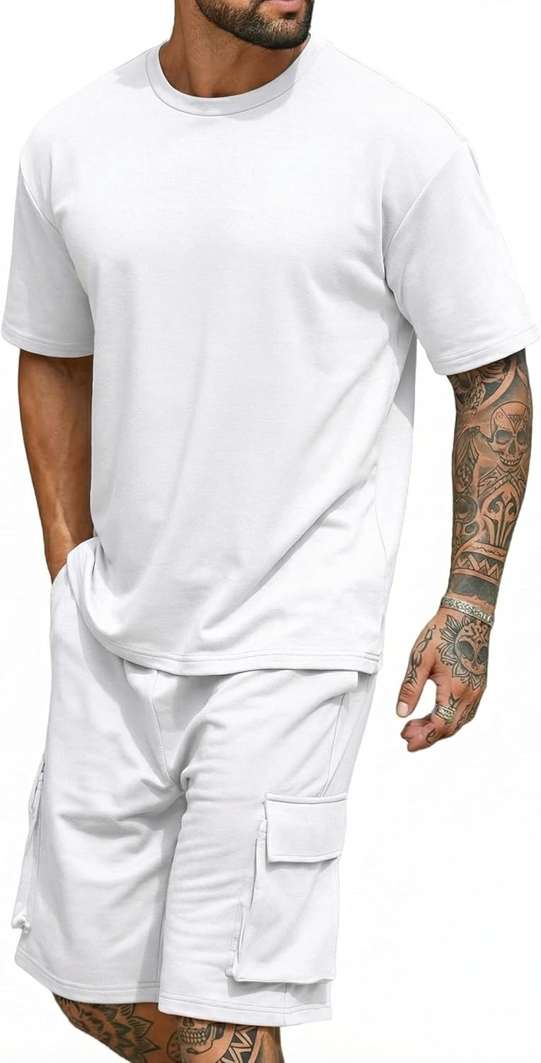 COOFANDY Men's Shirt and Shorts Set 2 Piece Fashion Summer Tracksuits Cotton Oversized T-Shirts Cargo Shorts Outfits