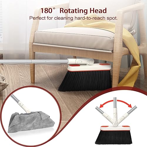 Miniatura 3 de JEHONN Juego de escoba y recogedor para el hogar, gris, rojo y rojo rosa, mango largo, escoba ligera giratoria de 180 grados, bandeja de polvo