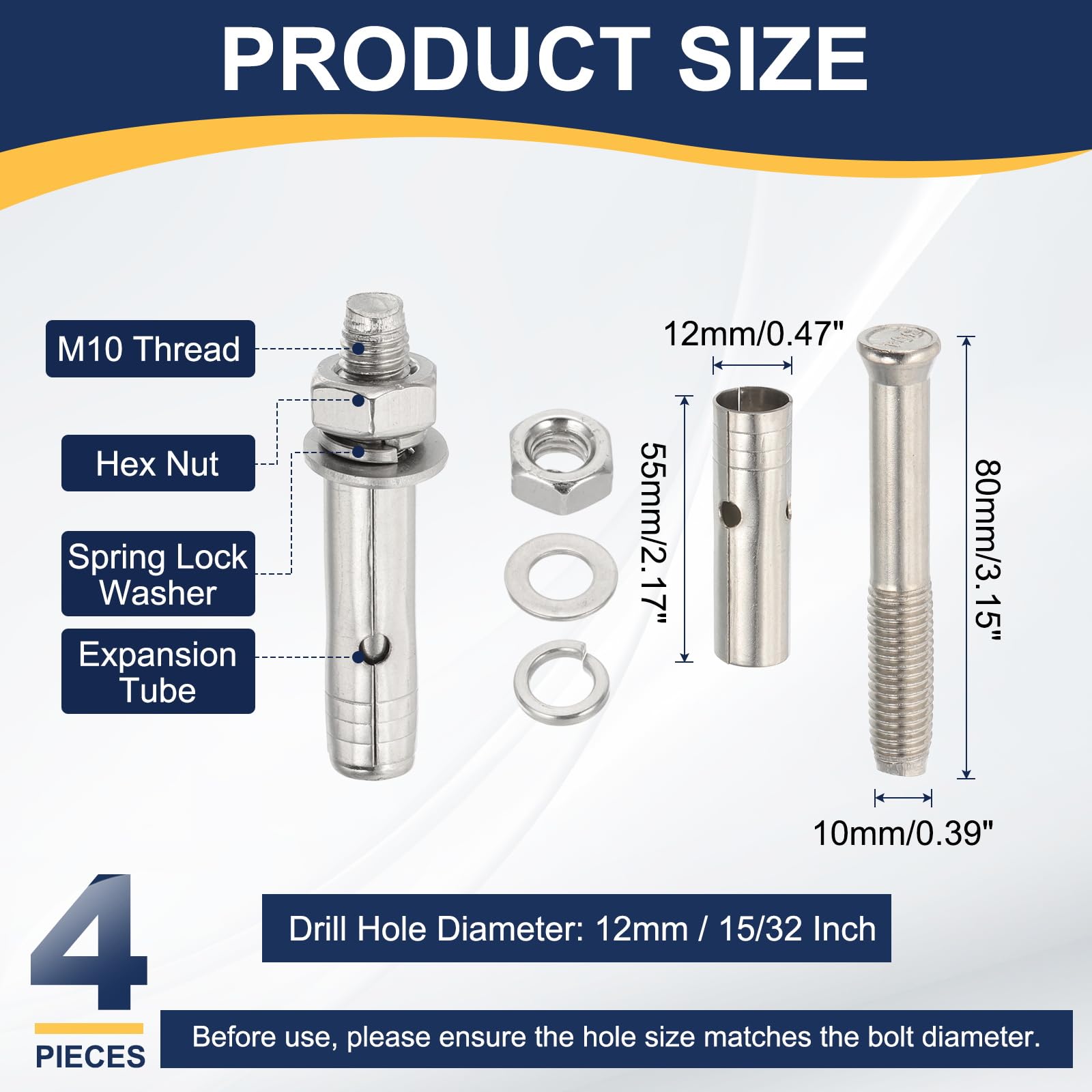 PATIKIL M10 x 80mm 304 Stainless Steel Expansion Bolts - Image 2