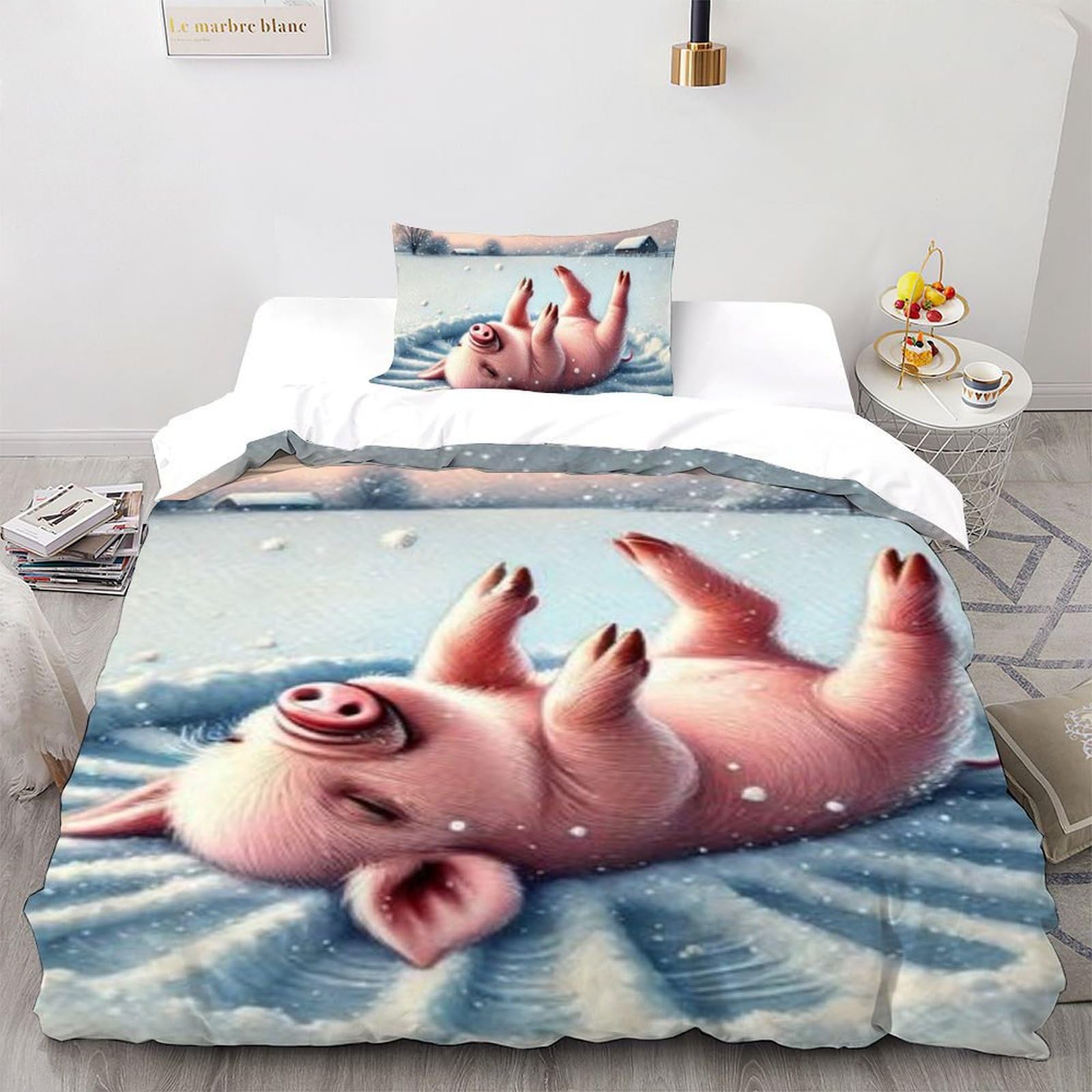 Housse de couette single cochon dessin animé en microfibre 135x200cm pour lit enfant