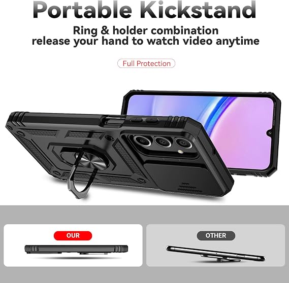 for Samsung Galaxy A16 5G Case with Slide Camera Cover HD Screen Protector [Military Grade 16ft. Drop Tested] Magnetic Ring Holder Kickstand Protective Phone Case for Galaxy A16 5G 2025, Black