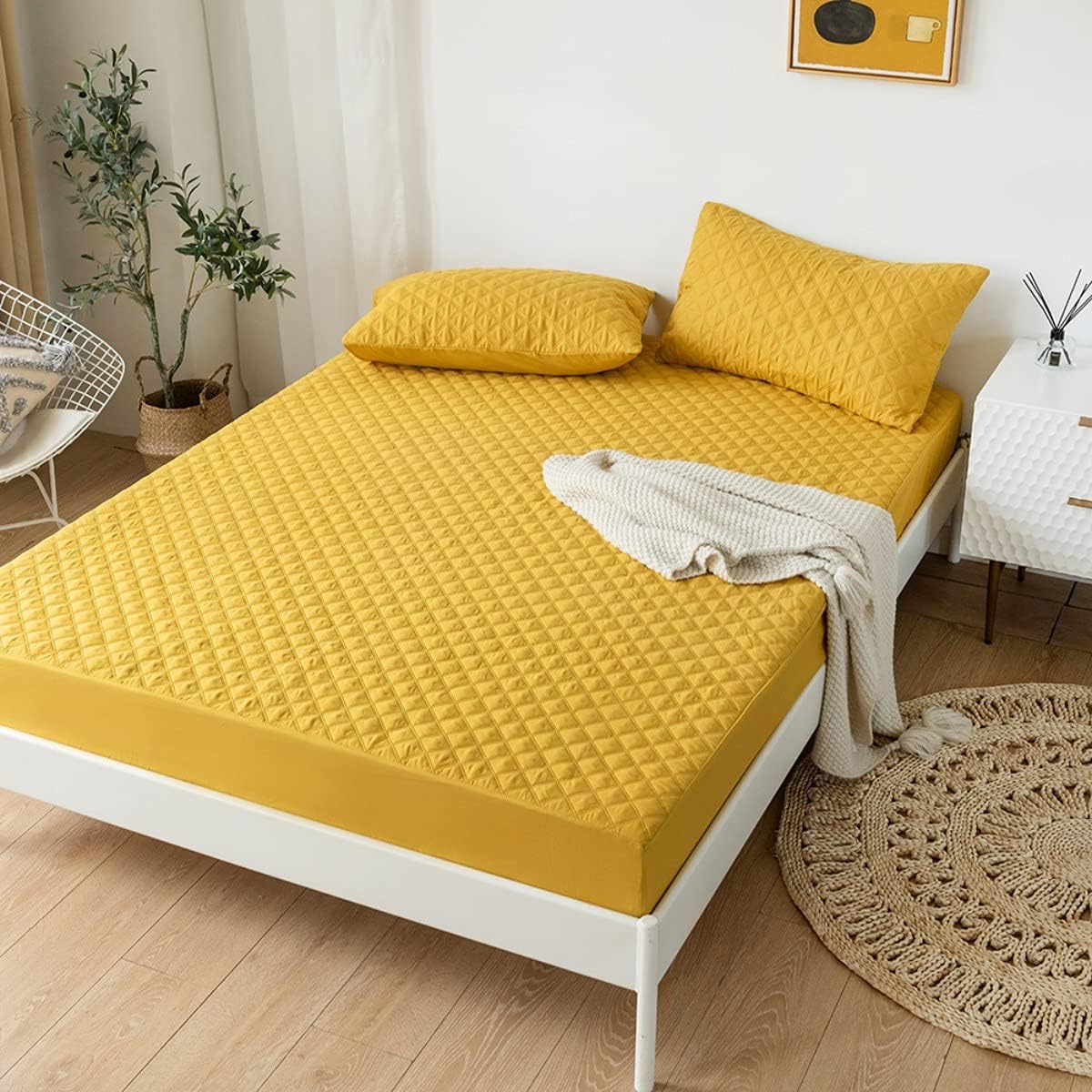 jejeloiu Yellow Quilted Mattress Pad, 100% Waterproof Breathable King Bedding Fitted Sheet Mattress Protector 14" Deep Pocket Cotton Snow Down Alternative Filling Mattress Cover (King,Yellow)
