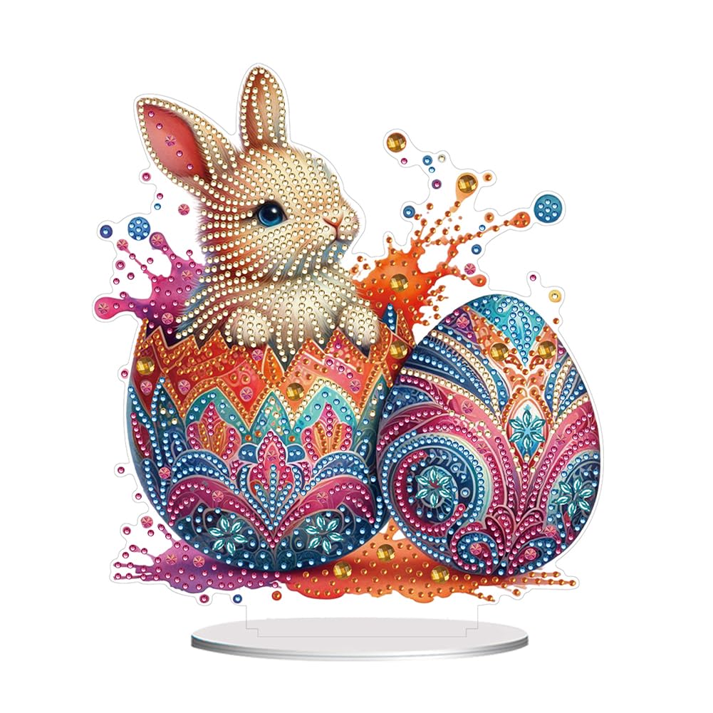 Easter Diamond Art Painting Desktop Kit with Stand, Special Shaped Diamond Art Tabletop Ornament, DIY Decor Craft Gift for Adults Beginners(Easter Egg Bunny-04)