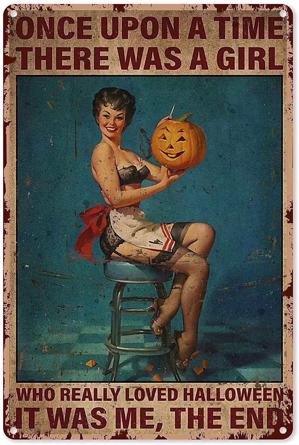 Halloween Pumpkin Girl Metal Signs, Fun Poster For Bar Kitchen Cafe Farmhouse Wall Decor 12x16 inch