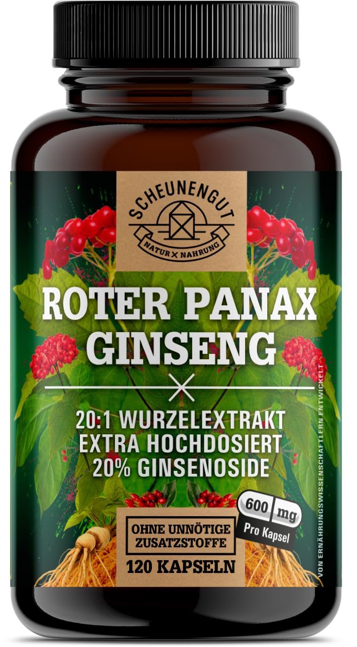 Roter Panax Ginseng Kapseln -Hochdosiert- 20% Ginsenoside DE SCHEUNENGUT® | WICHTIG: 20:1 Roter Panax Extrakt (=36000mg Ginsengwurzel je Tagesdosis) - Ginseng Kapseln Hochdosiert- Vegan