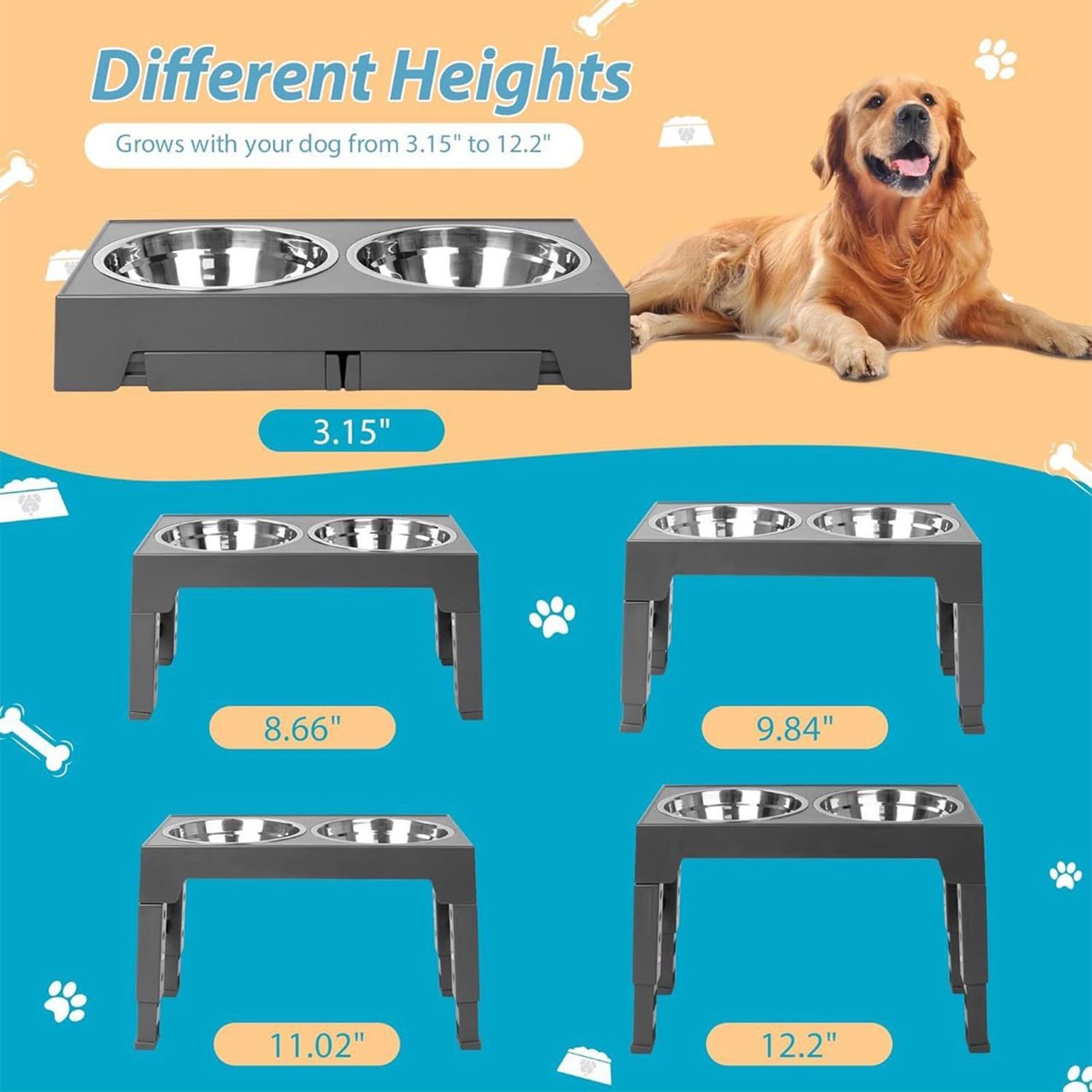 Bols d'eau pour Chien Support Réglable À 5 Niveaux | 2 Bols Surélevés Mange-Lent Pour Nourriture Pour Chiot Chat Alimentation et Boisson Maison
