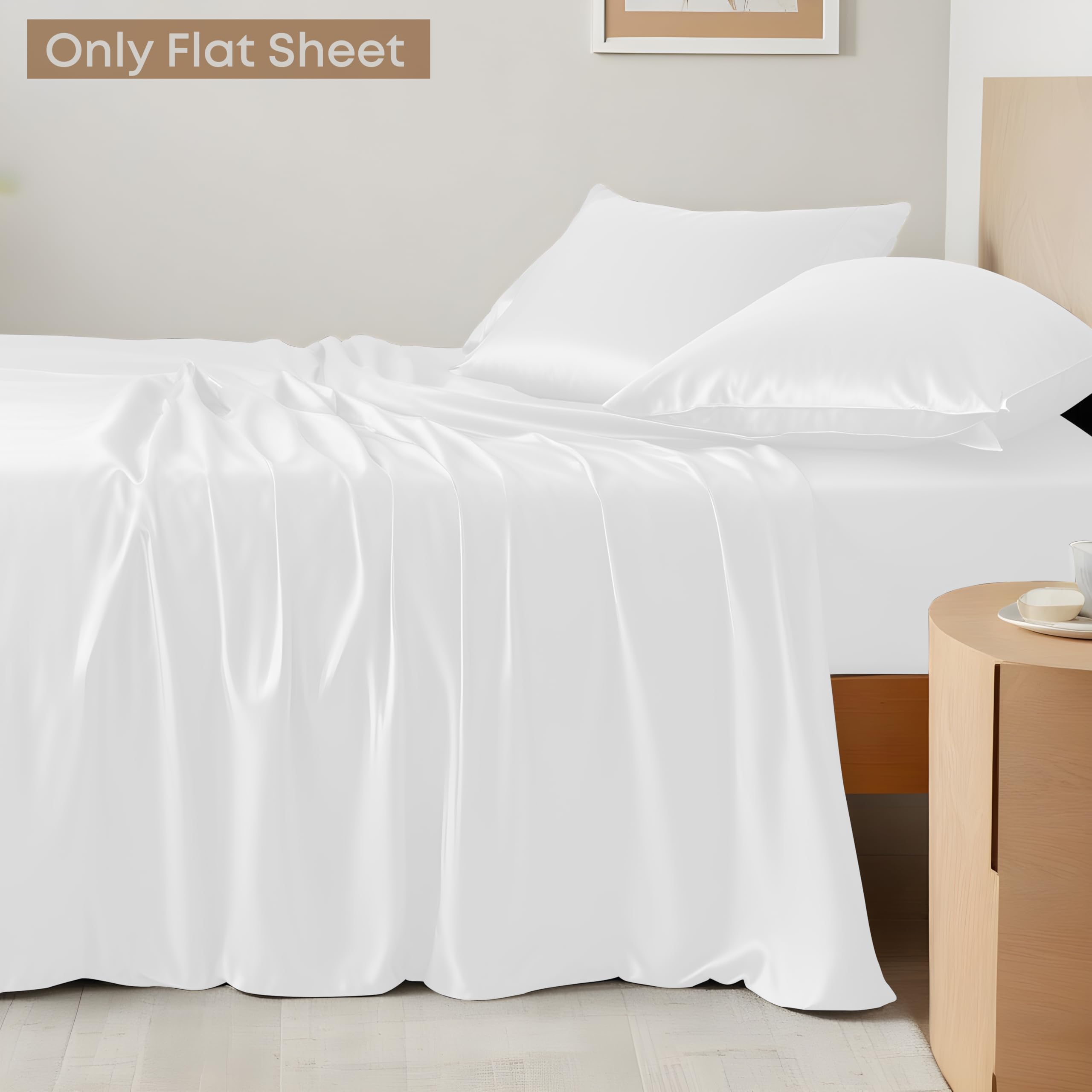 LINENWALAS Flat Sheet Only, Austrian Tencel Lyocell Silk Bedding, 300 Thread Count Premium Soft Cooling Eucalyptus Top Sheet (White, Queen)