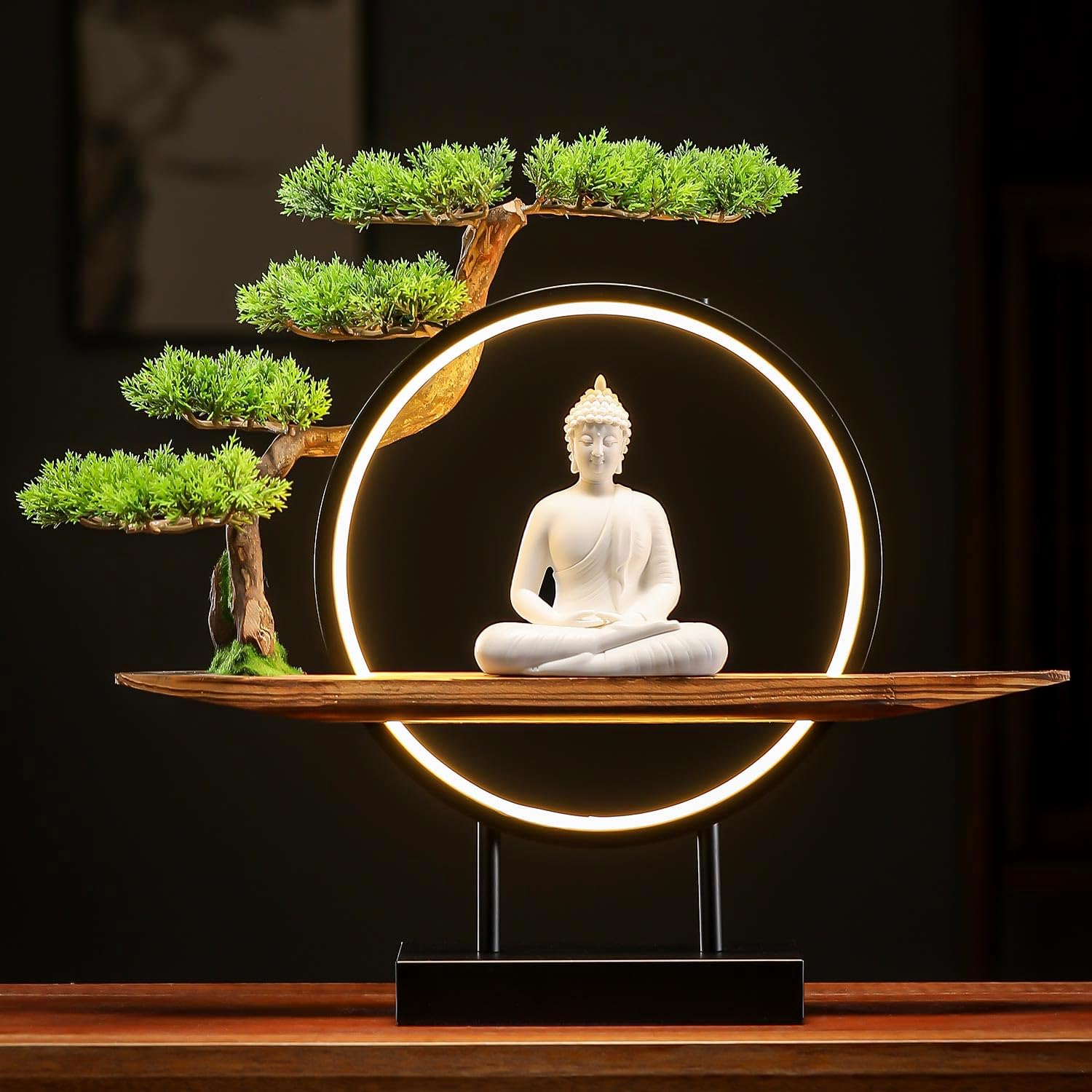 Statue de Bouddha en céramique d'art avec halo LED et bonsaï éternel