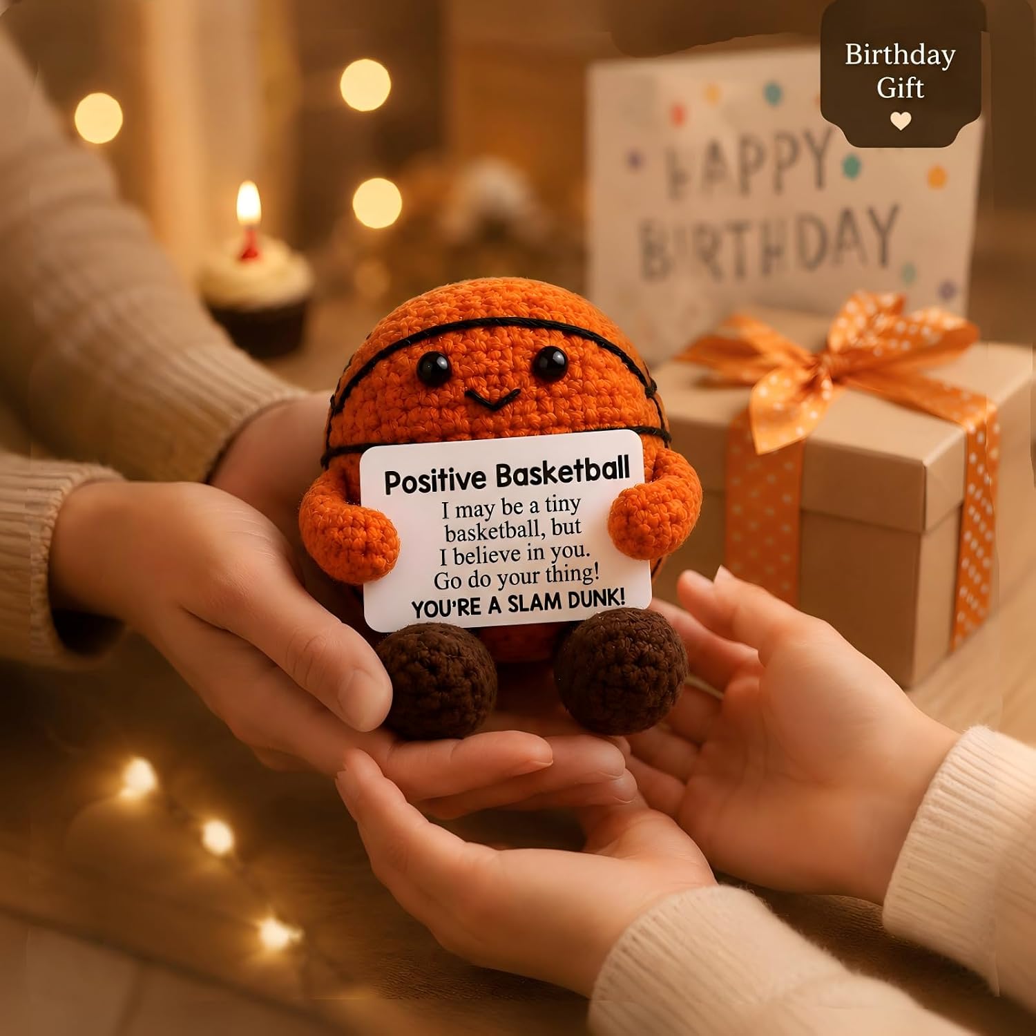 Handmade Crochet Basketball Keepsake with Positive Card, Slam Dunk Motivational Figurine, Sports Desk Decor, Encouragement Gift for Basketball Fans Athletes Coaches