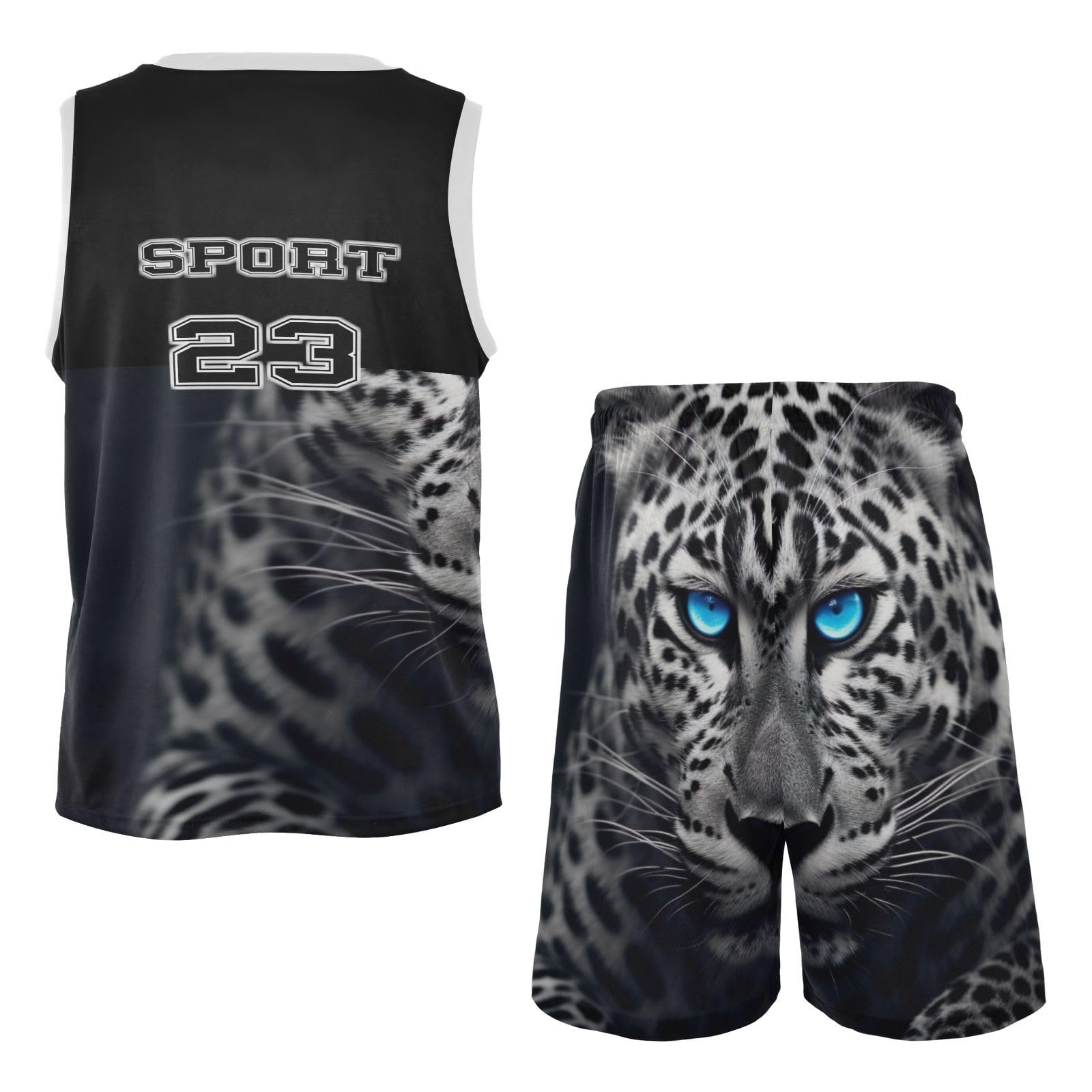 FLildon Leopard Cheetah Blue Eyes Boys Basketball Jersey Set Tank Top Shorts Tracksuit Sport Training Suit for Kids, M