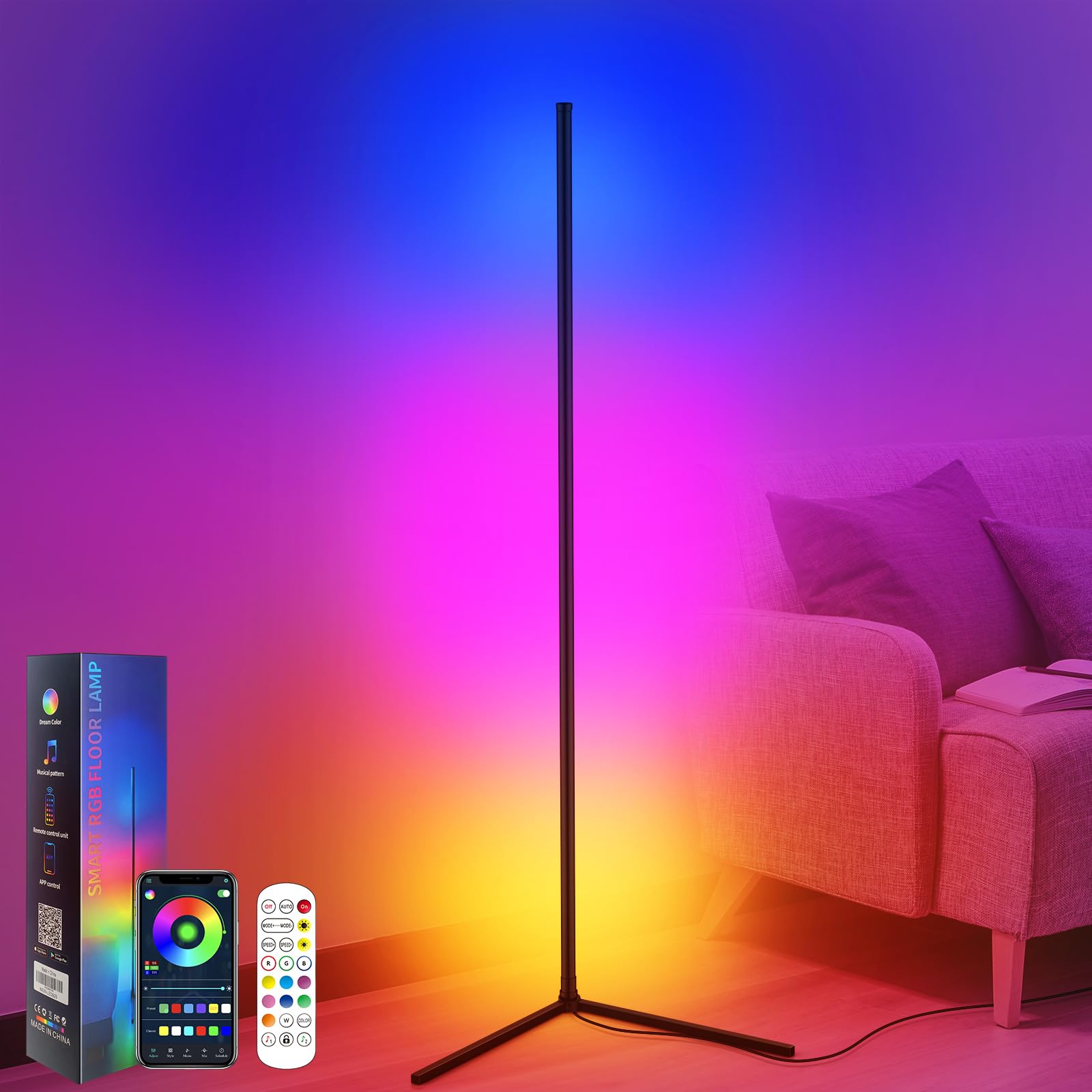 CS COSDDI LED Stehlampe Smart für Wohnzimmer und Schlafzimmer - Dimmbar mit Fernbedienung und APP, 16 Millionen Farben, Musikmodi, DIY-Modus & Timing - Ecklampe Smart für Gaming