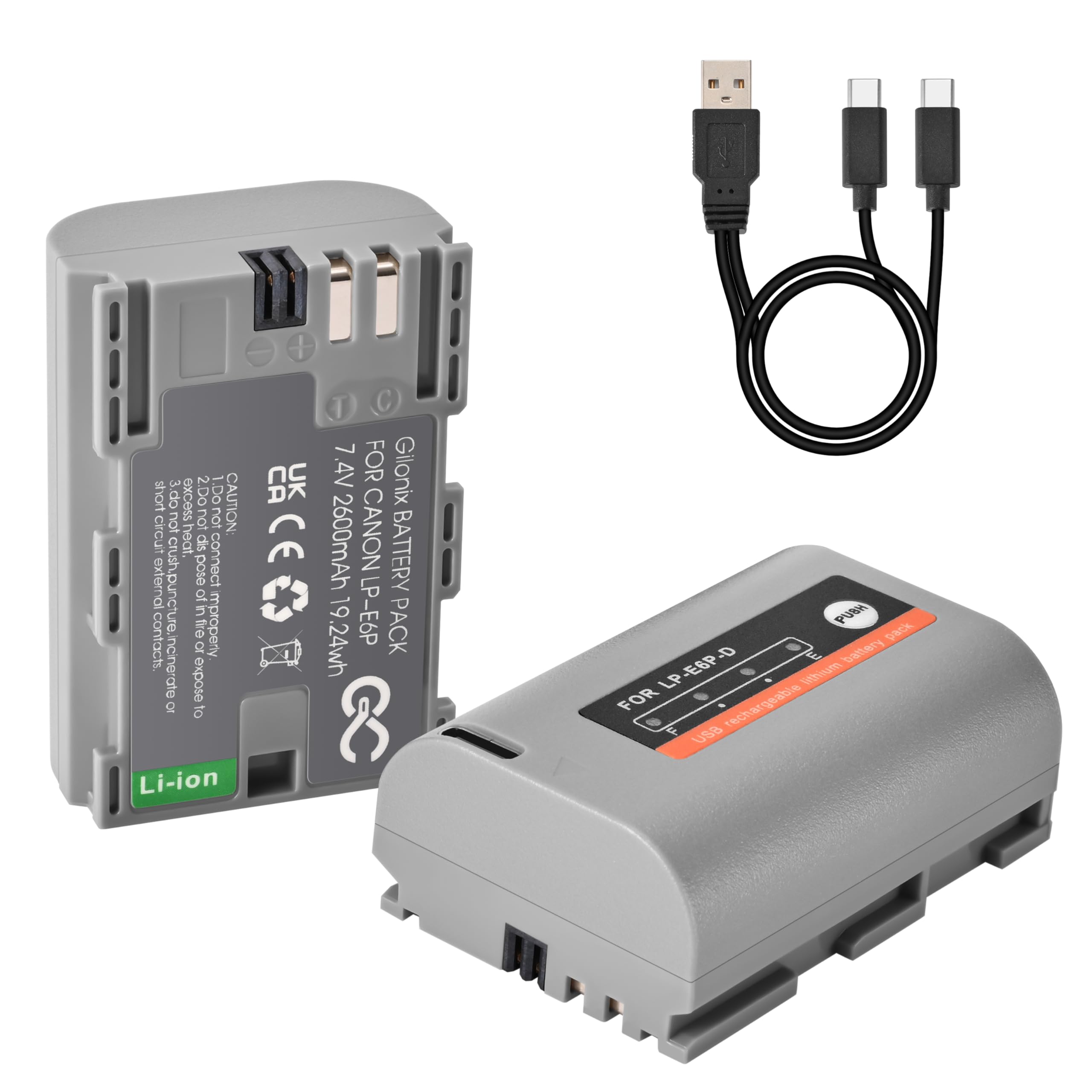 LP-E6P Lot de 2 Batteries 2600mAh avec USB-C pour Canon EOS