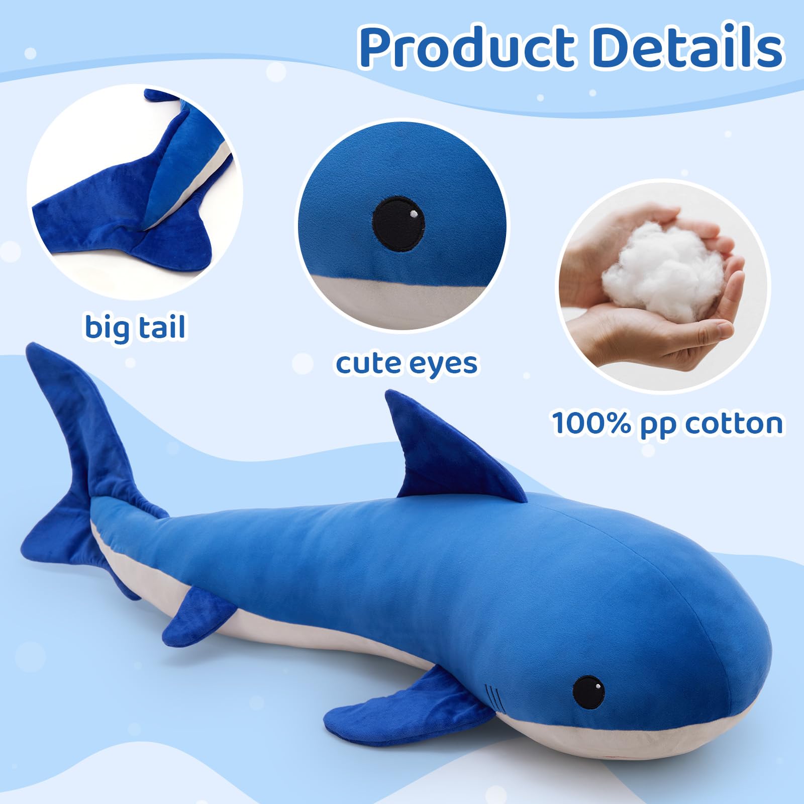KERTA 4ft Giant Whale Stuffed Animal, S-Shape Long Stuffed Whale Plush Body Pillow for Boys Girls Sleeping, 47inches Ocean Theme Whale Toy Gift for Christmas Birthday Decoration 7