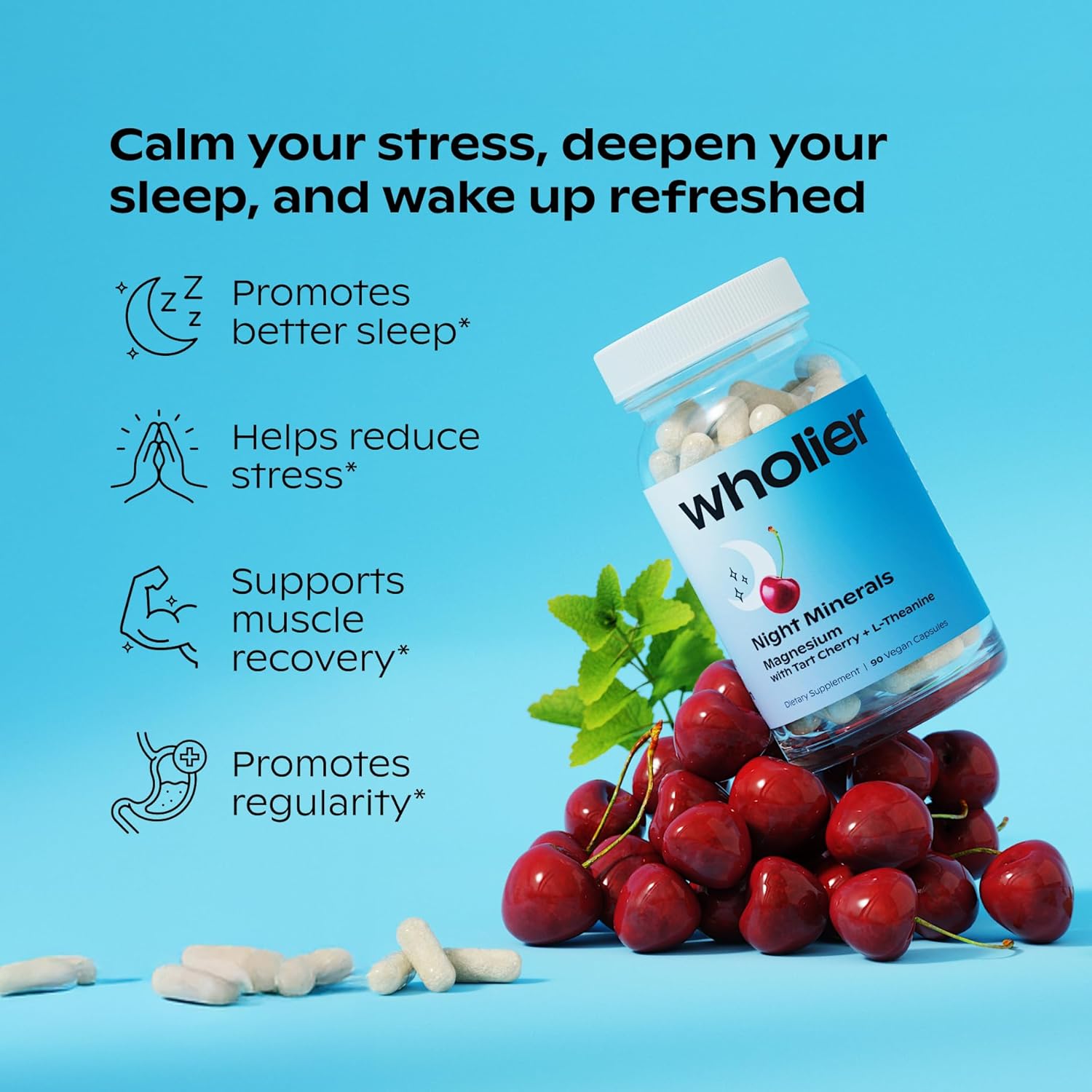 wholier Magnesium Glycinate, L-Theanine, Tart Cherry Juice. Natural Support for Sleep, Stress + Relaxation. Melatonin-Free. Night Minerals. (60 Vegan Capsules) Glass Bottle - Image 2
