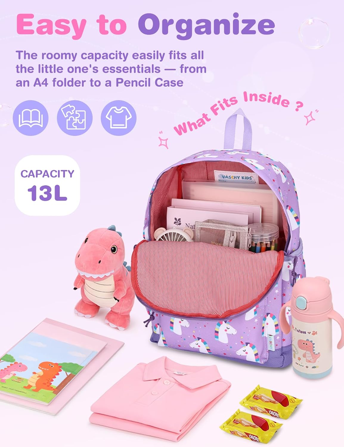 VASCHY Toddler Backpacks Kids, Lightweight Water Resistant Preschool Backpack for Children Boys and Girls w Chest Strap
