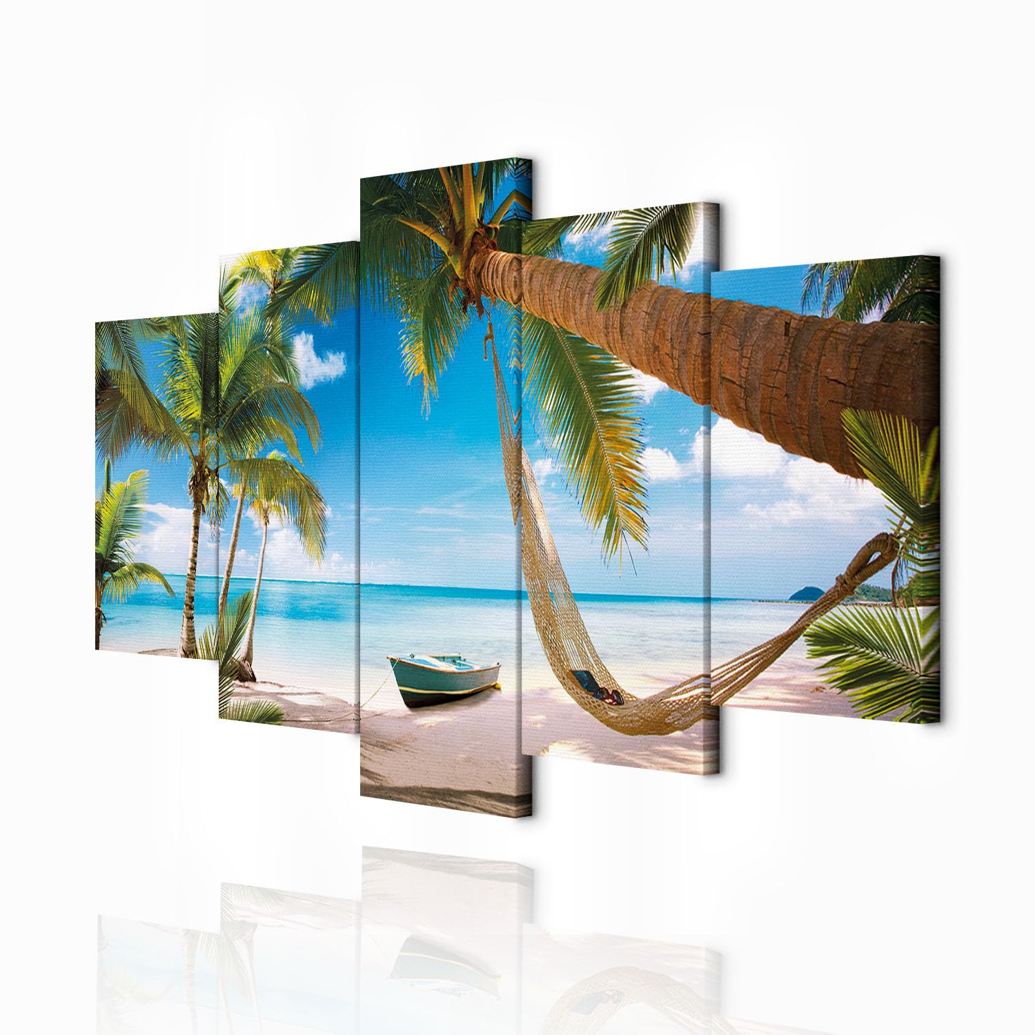 decomonkey Quadri Moderni Soggiorno Spiaggia Palme, 5 pezzi, 200x100 cm | Tela strutturata su telaio in legno, decorazione da parete, paesaggio, natura, mare, isola, Quadro Stampa su Tela