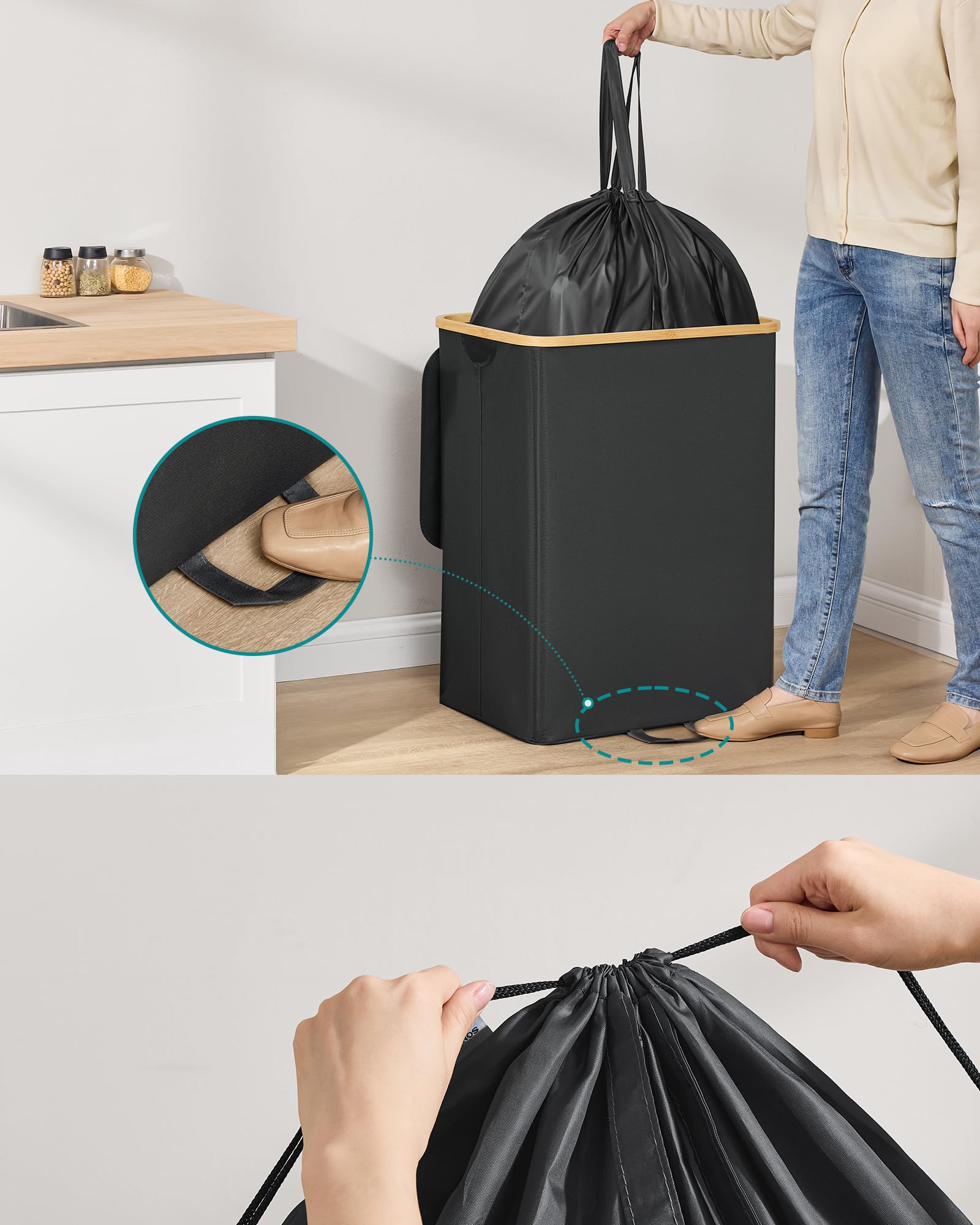 SONGMICS Pojemnik na butelki kaucyjne, pojemnik na butelki kaucyjne o pojemności 135 l, kosz do recyklingu, z otworem, worek wewnętrzny z uchwytami, czarny atramentowy i naturalny beż RRB513B01