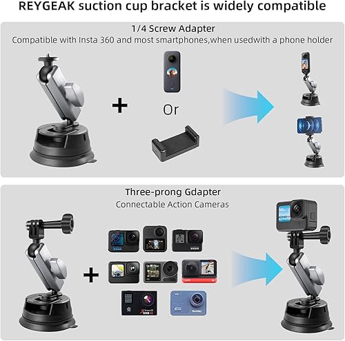 Miniatura 7 de REYGEAK Soporte de coche con ventosa con rosca de 14, rotación de 360 para parabrisas para GoPro Hero 12 11 10 9 8 Insta360 X4 X3 Go3 DJI Action 4,