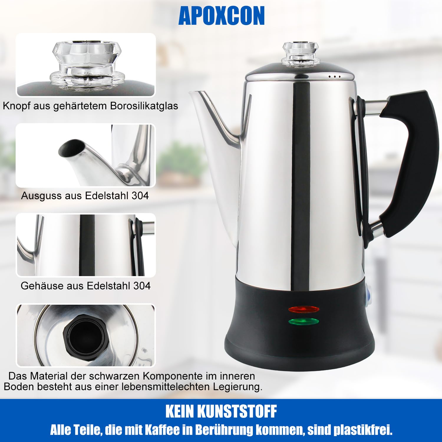 APOXCON Elektrischer Kaffee Perkolator für 12 Tassen, Schnellbrüh-System mit hitzebeständigem Glasknopf für Zuhause und Büro, Kabellos, CE-Zertifiziert