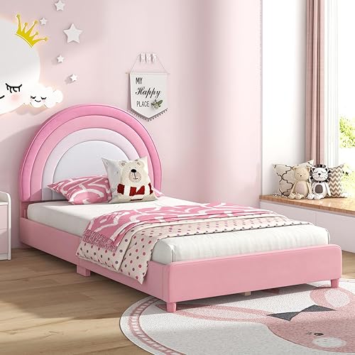 Miniatura 28 de HONEY JOY Marco de cama individual para niños, plataforma de cama individual de madera con cabecera y base de listones, no necesita somier, muebles