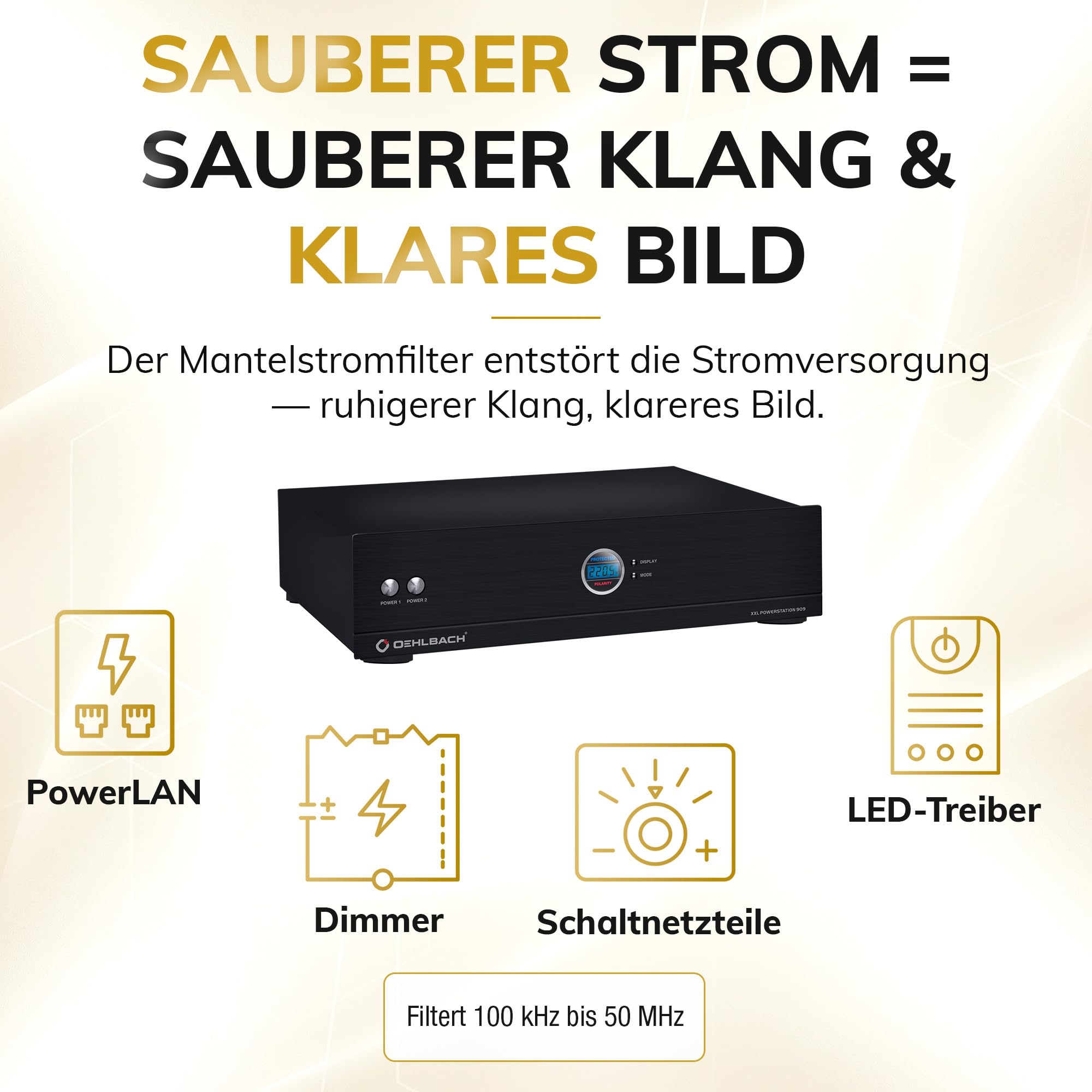 Oehlbach Powerstation 909 - Mehrfachsteckdose mit Stromfilter, Überspannungsschutz, 8 Anschlüsse, Delay-Funktion, High-End-Verarbeitung für HiFi & Heimkino, Schwarz