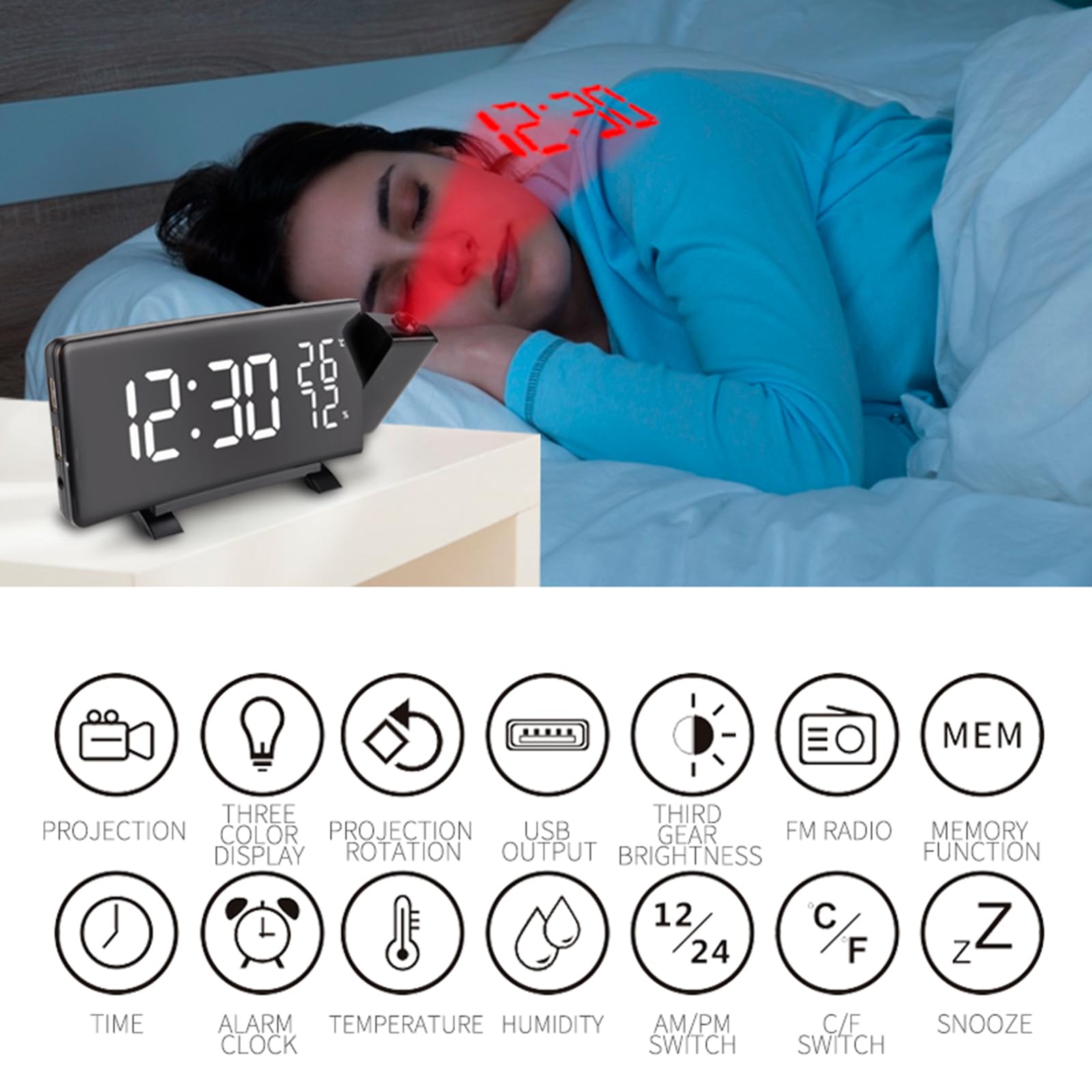 Réveil à projection avec port de charge USB, 2 alarmes, affichage LED, fonction snooze, écran incurvé