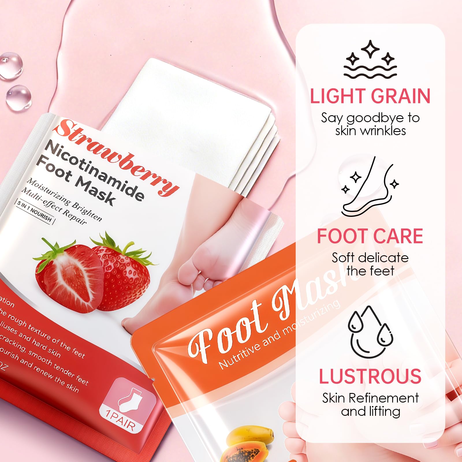 2 Paires Masque Pied Exfoliant，Masques Nourrissant pour les Pieds, Chaussette Exfoliante Pieds très Secs et Abîmés, Hydratation Profonde, pour Femmes & Hommes (Fraise+ Papaye)