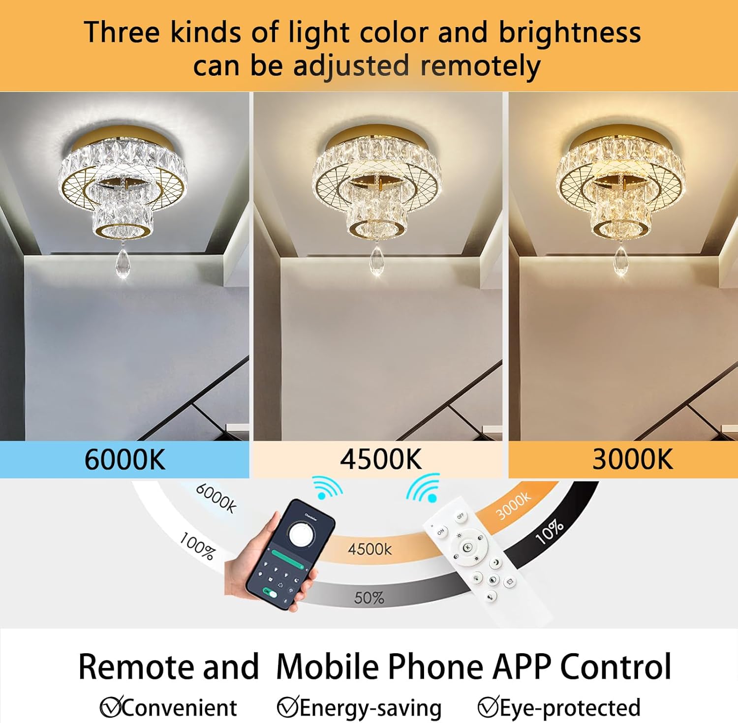 HAIXIANG Modern Glam Ceiling Chandelier Bedroom Light Fixtures Crystal Flat Sloping Ceiling Lights for Hallway Kitchen Dining Room Dimmable Light with Remote Gold