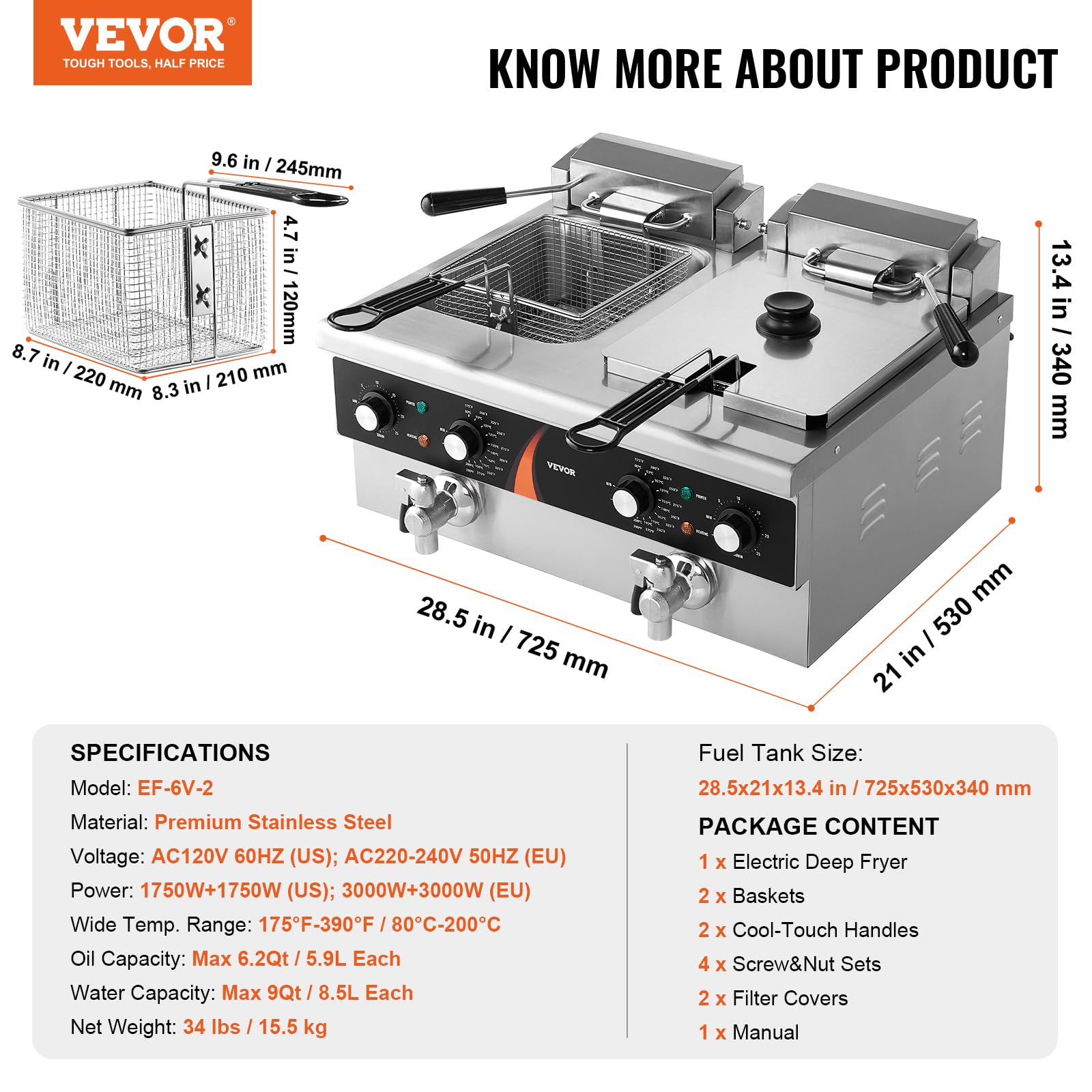 VEVOR Friggitrice Commerciale Elettrica da Banco a Doppia Vasca 3000 W, 2 Friggitrici a Olio 8,5 L con 2 Cestelli, Acciaio Inox Spesso 1 mm, Controllo Tempo Temperatura, per Uso in Cucina Ristorante
