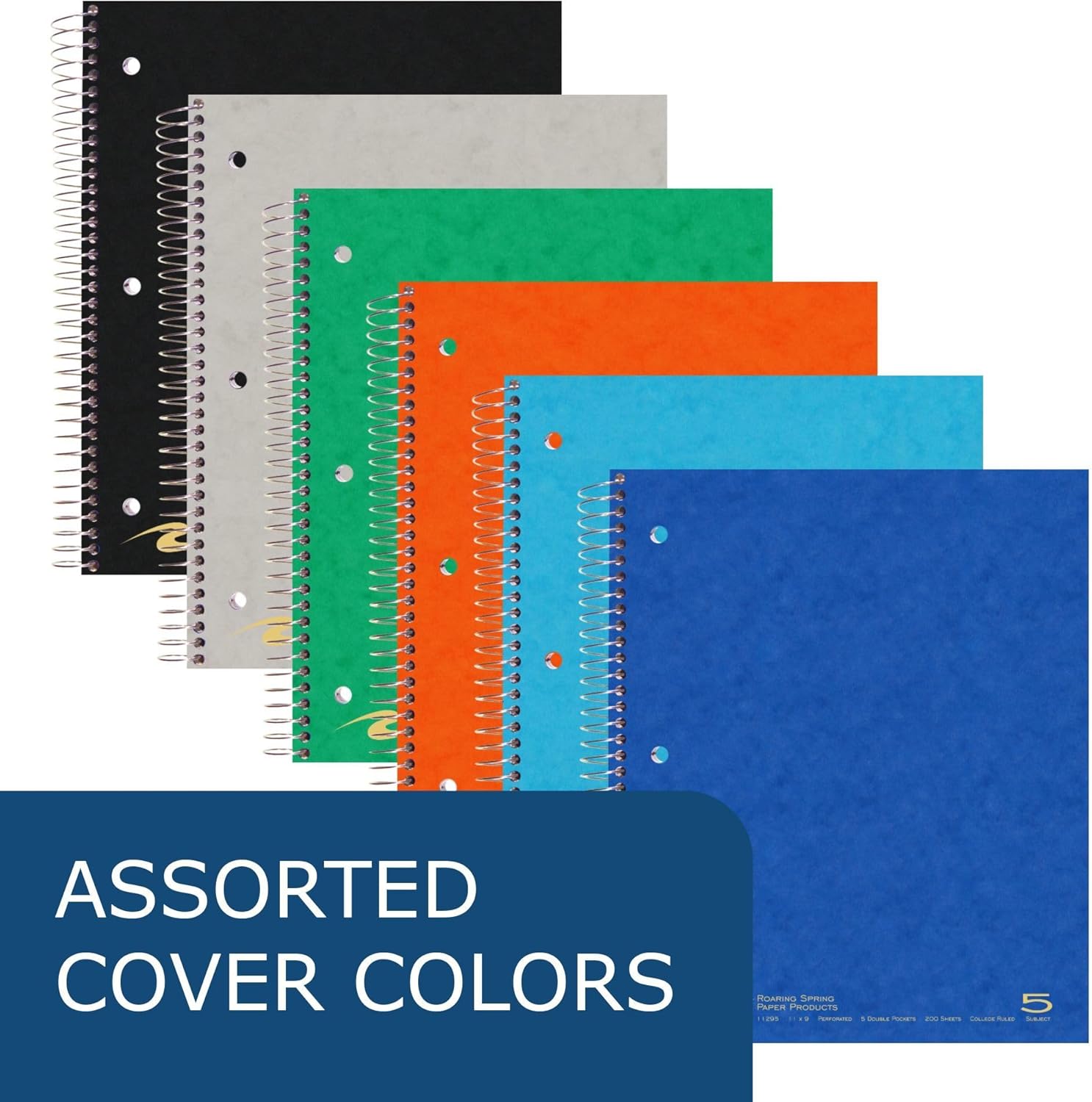 ROARING SPRING 5 Subject Spiral Notebook, 12 Pack, 11" x 9", College Ruled, 200 Perforated Sheets, Assorted Eco Press Covers, 5 Double Storage Pockets, Made in USA
