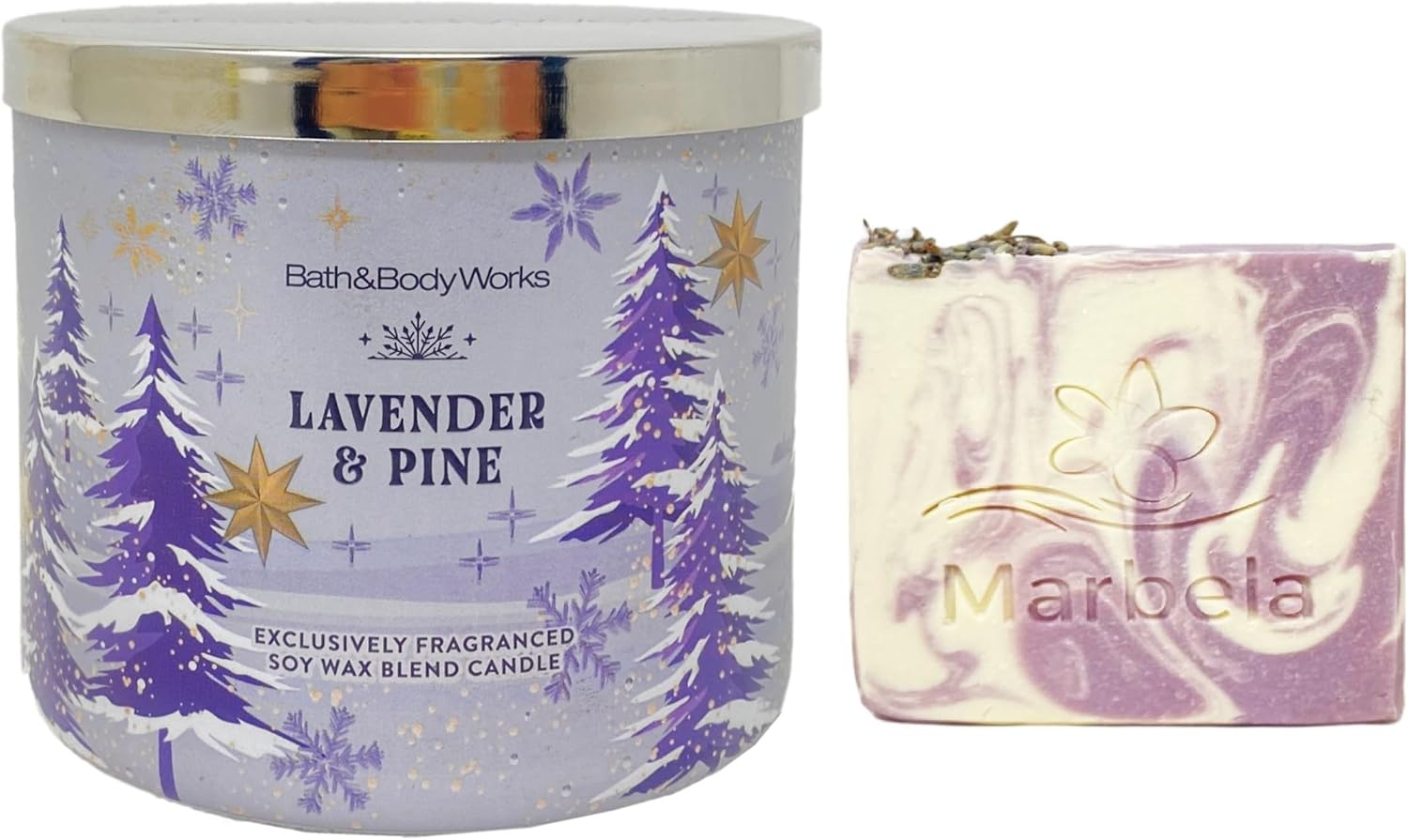 Bath & Body Works Lavender & Pine 3-Wick Scented Candle with a Lavender Dream Bar Soap